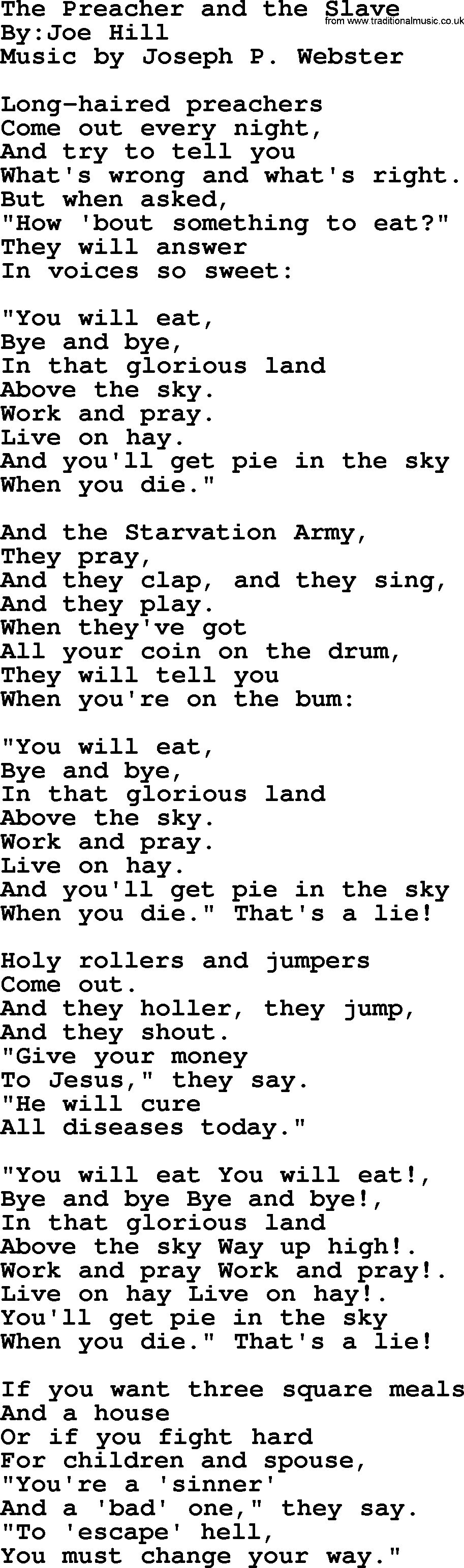 Political, Solidarity, Workers or Union song: The Preacher And The Slave, lyrics