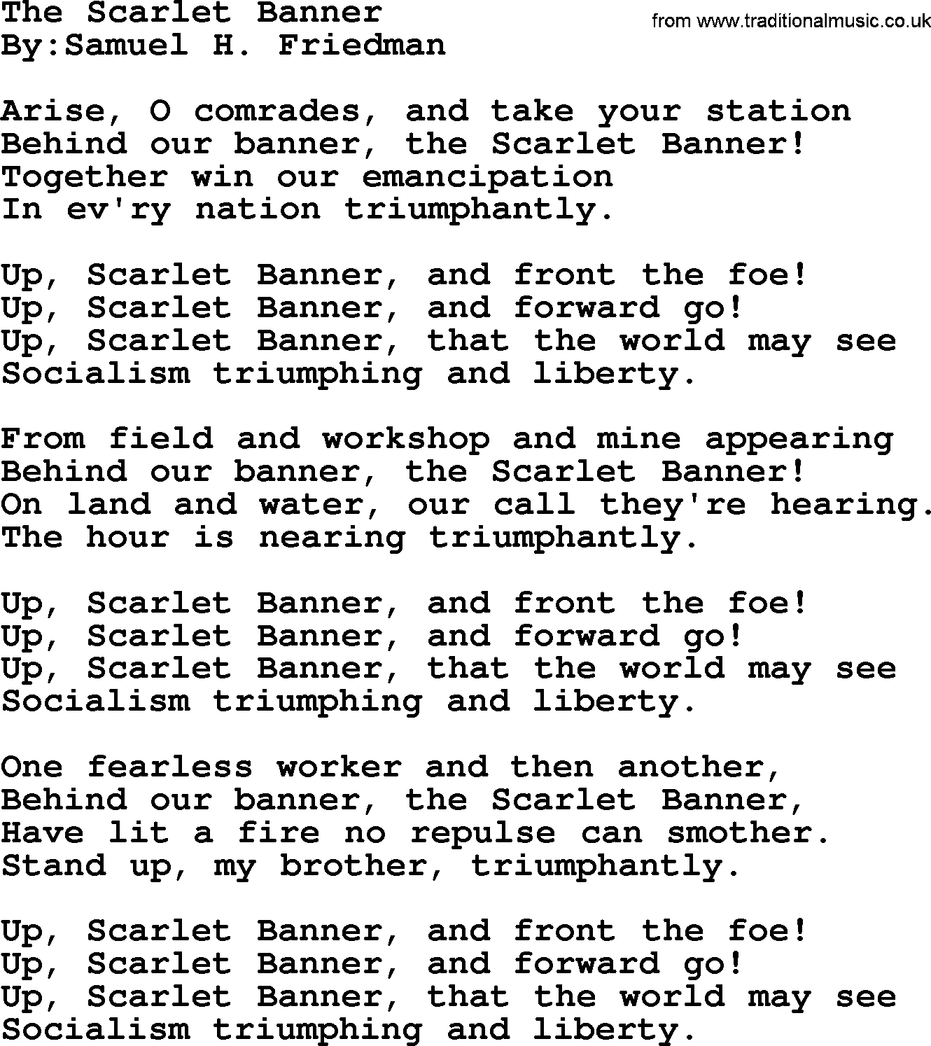 Political, Solidarity, Workers or Union song: The Scarlet Banner, lyrics