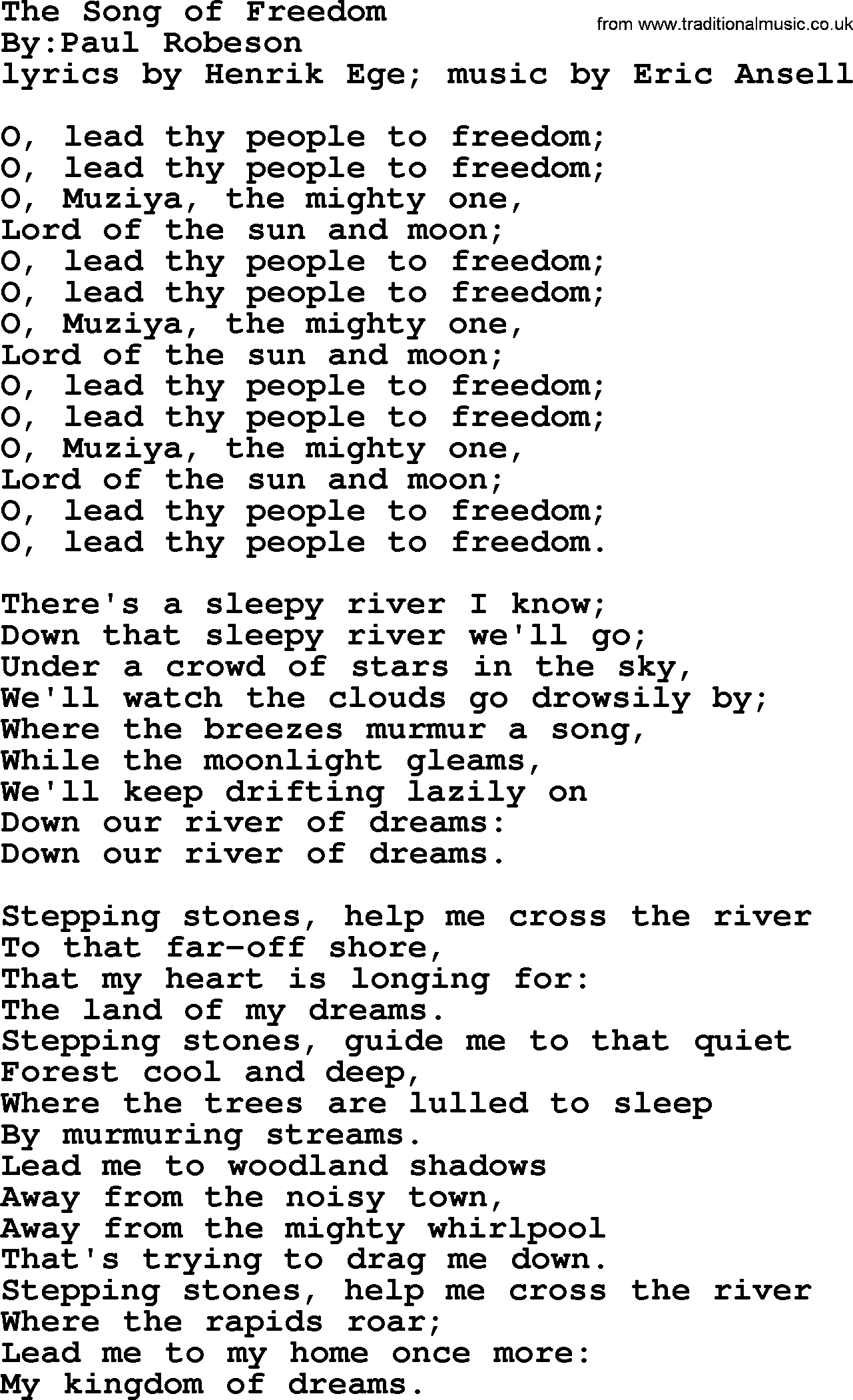 Political, Solidarity, Workers or Union song: The Song Of Freedom, lyrics