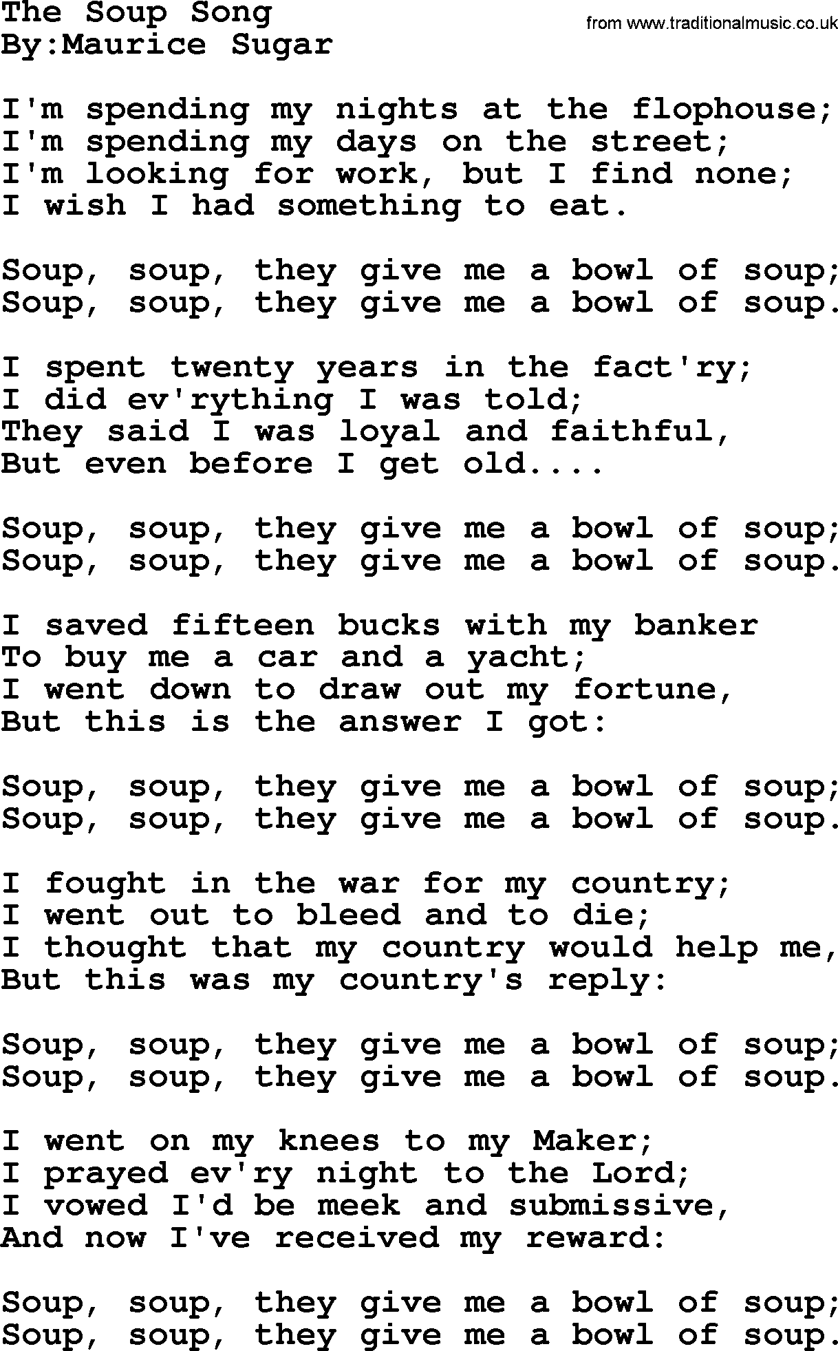 Political, Solidarity, Workers or Union song: The Soup Song, lyrics