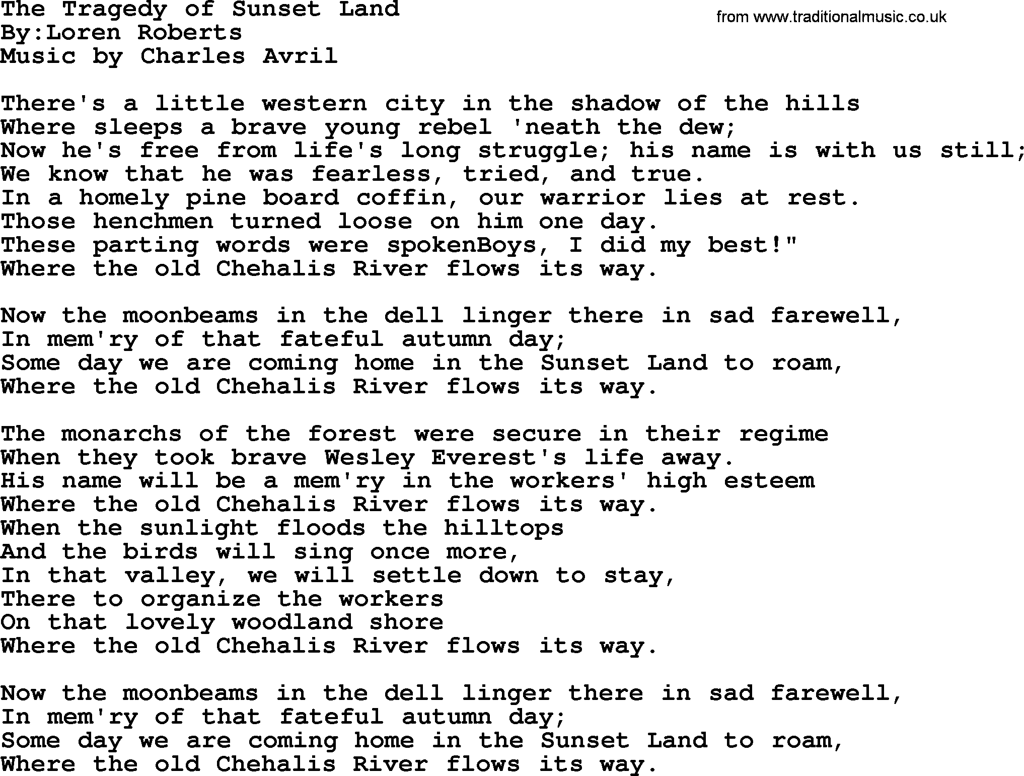 Political, Solidarity, Workers or Union song: The Tragedy Of Sunset Land, lyrics