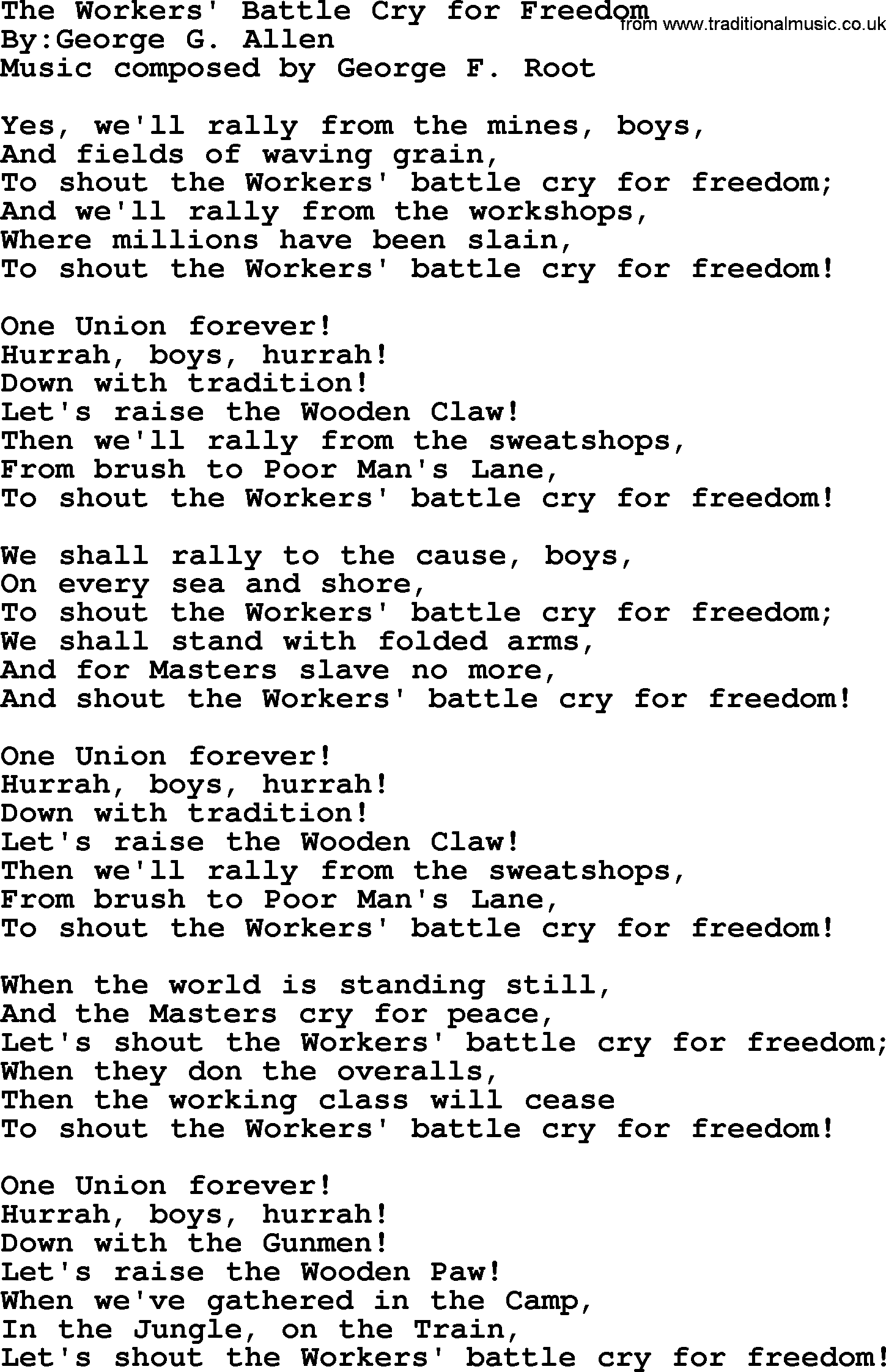 Political, Solidarity, Workers or Union song: The Workers Battle Cry For Freedom, lyrics