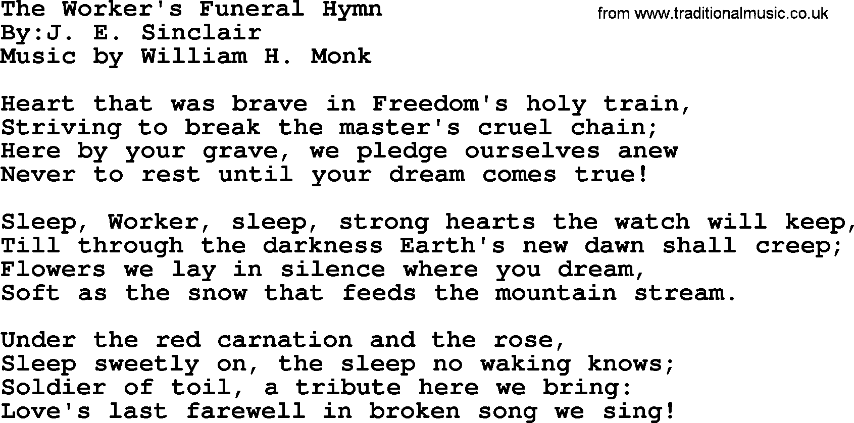 Political, Solidarity, Workers or Union song: The Workers Funeral Hymn, lyrics