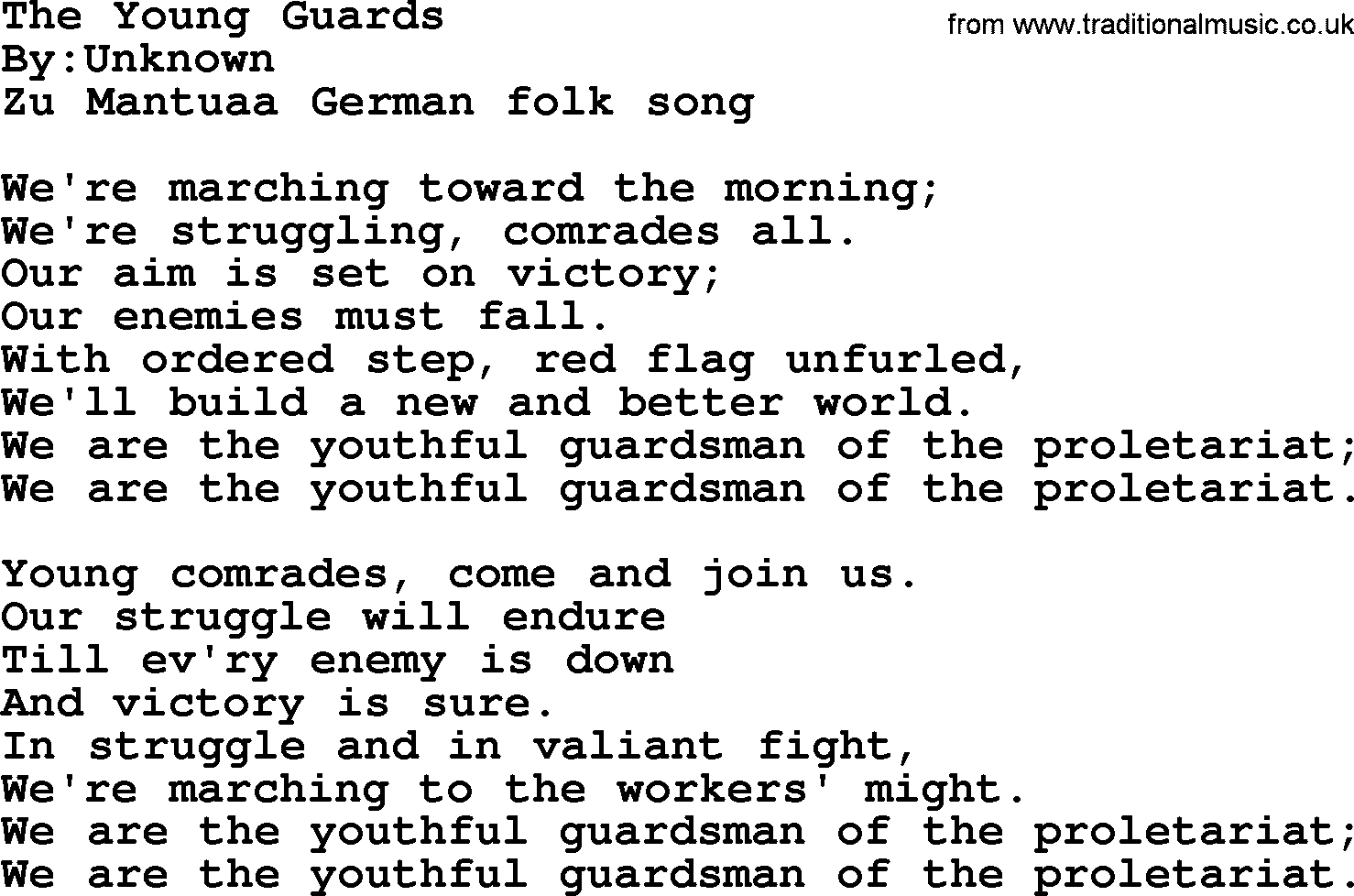 Political, Solidarity, Workers or Union song: The Young Guards, lyrics