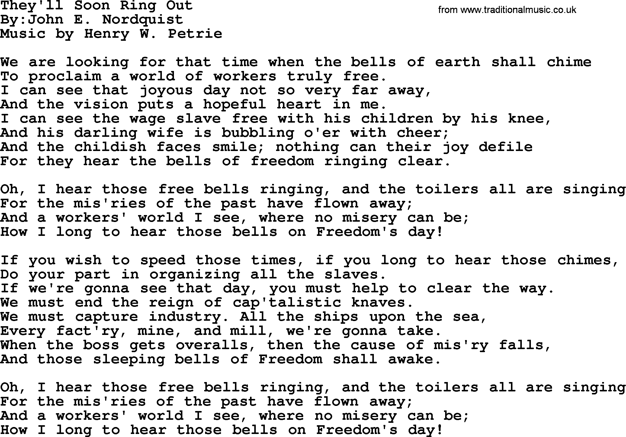 Political, Solidarity, Workers or Union song: Theyll Soon Ring Out, lyrics