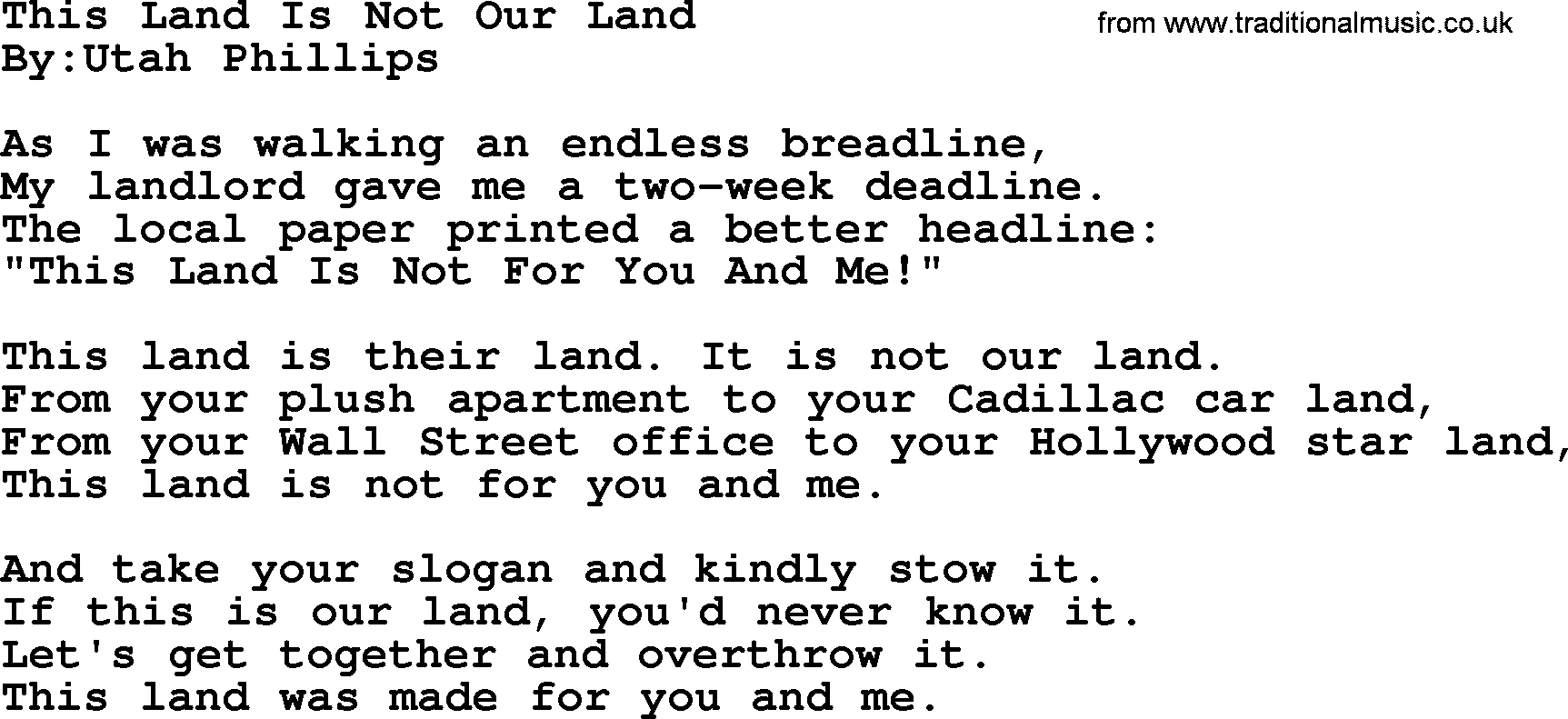 Political, Solidarity, Workers or Union song: This Land Is Not Our Land, lyrics