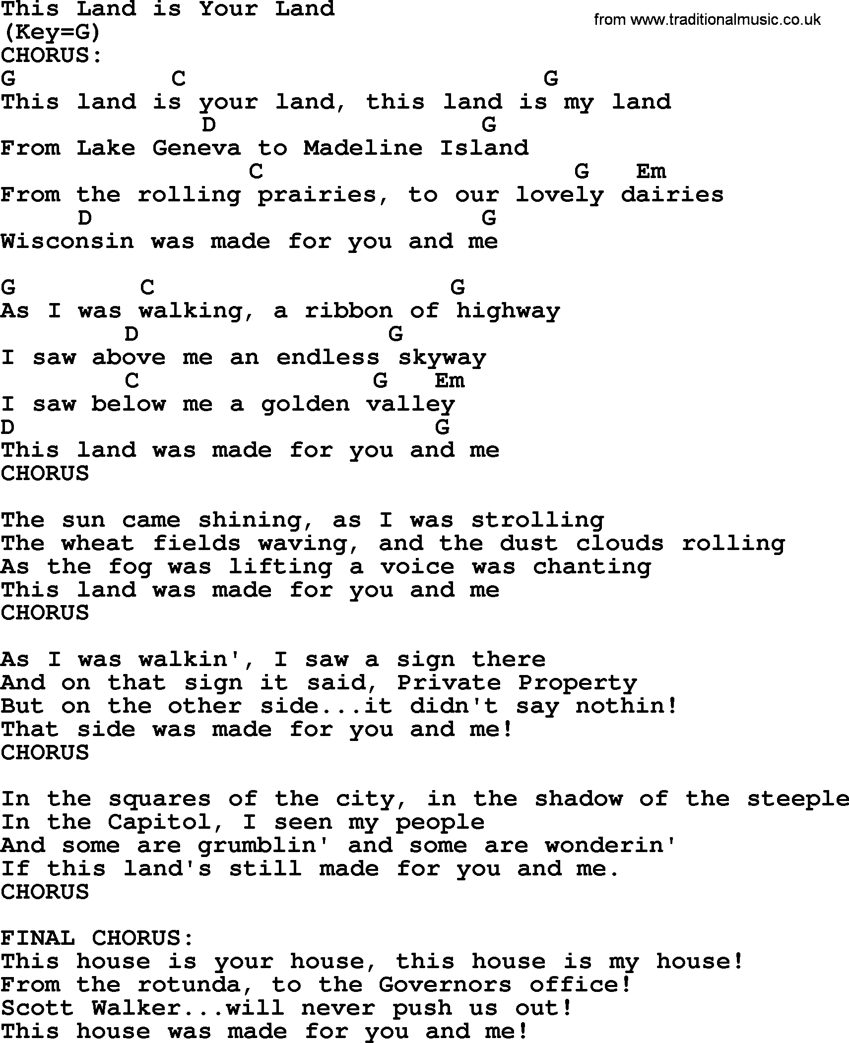 Political, Solidarity, Workers or Union song: This Land Is Your Land, lyrics and chords