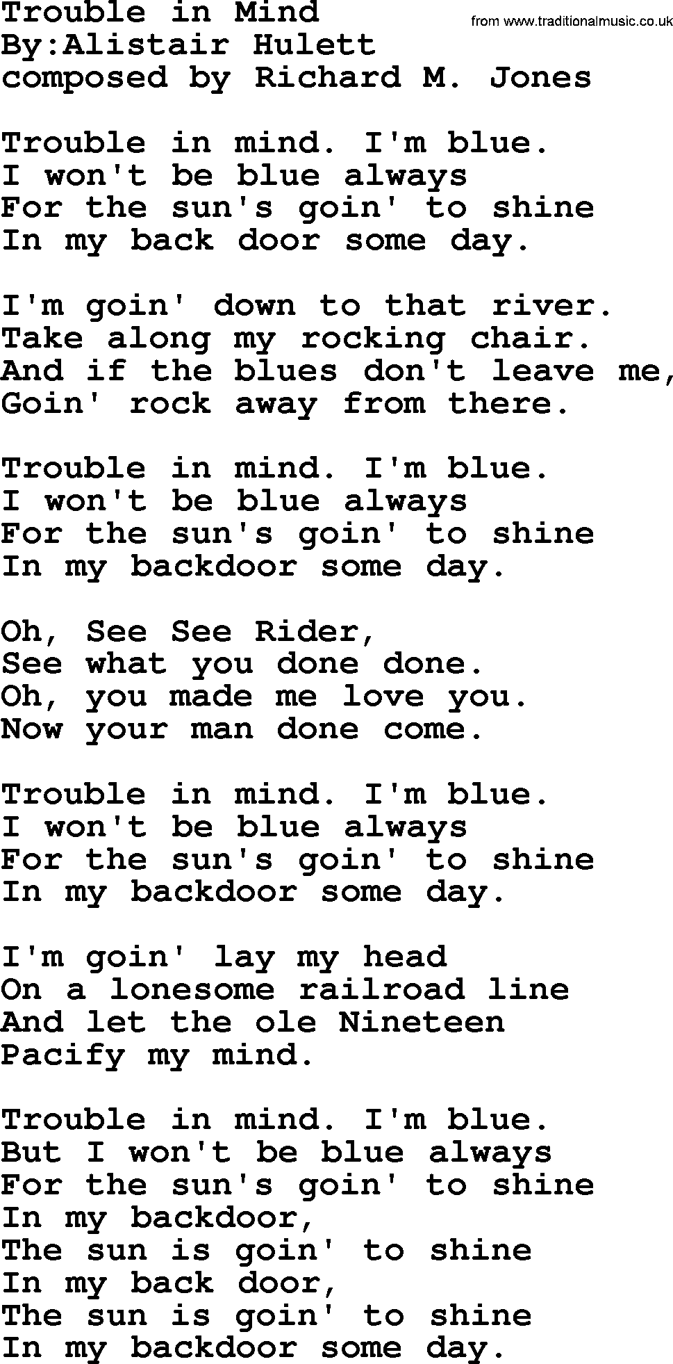 Political, Solidarity, Workers or Union song: Trouble In Mind, lyrics