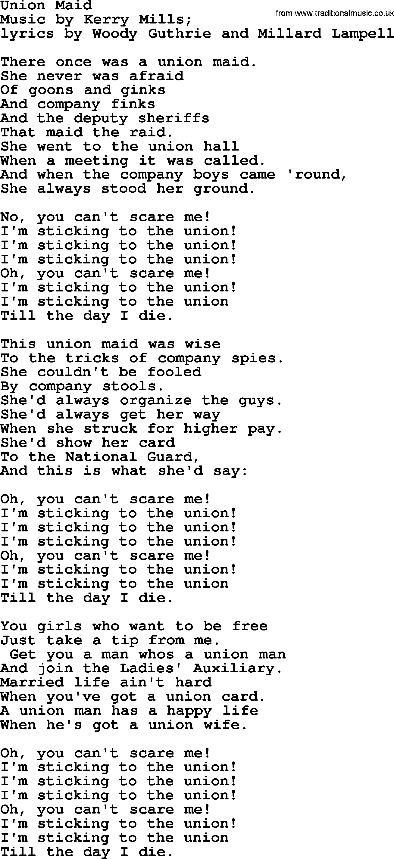 Political, Solidarity, Workers or Union song: Union Maid, lyrics