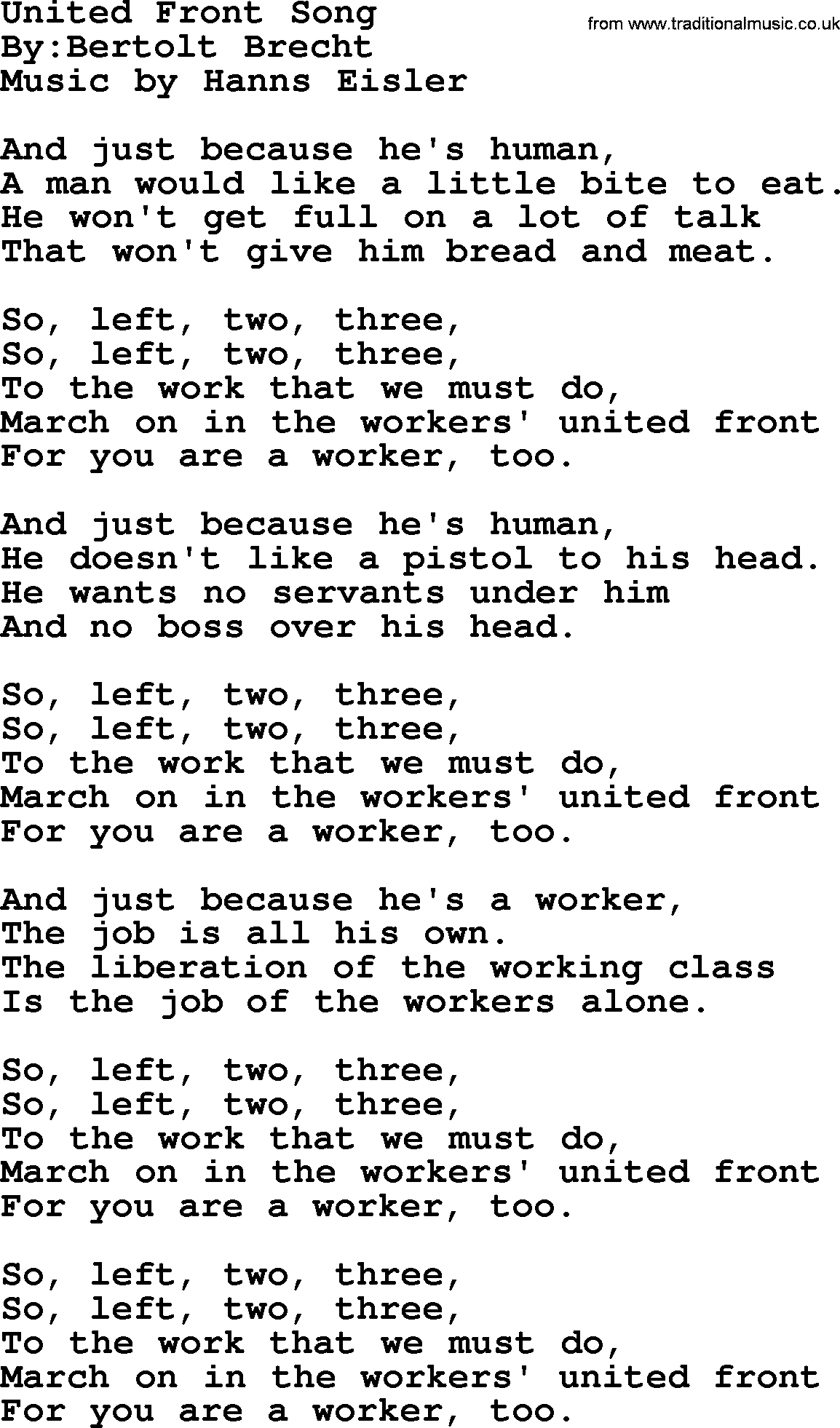 Political, Solidarity, Workers or Union song: United Front Song, lyrics