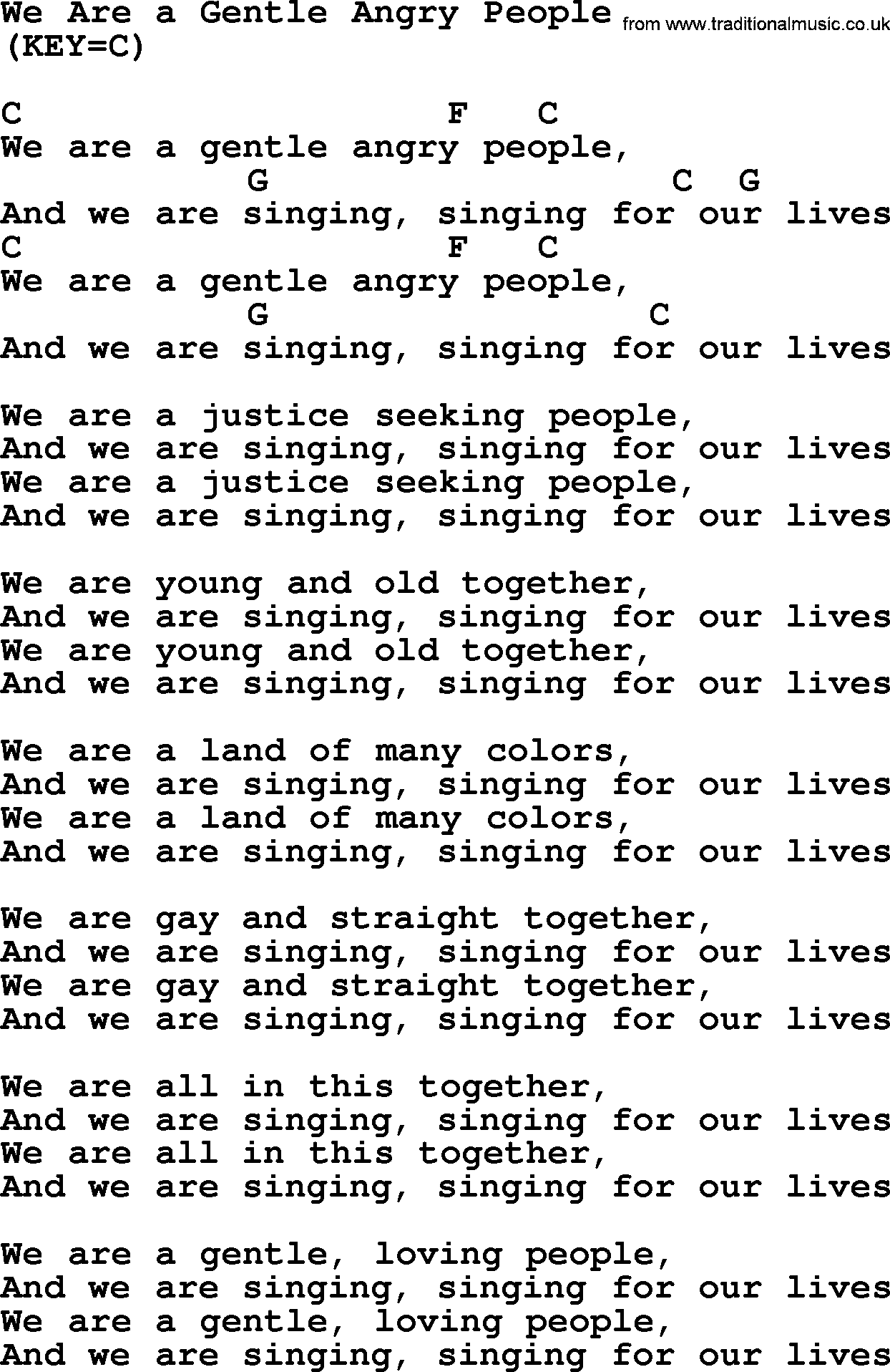 Political, Solidarity, Workers or Union song: We Are A Gentle Angry People, lyrics and chords