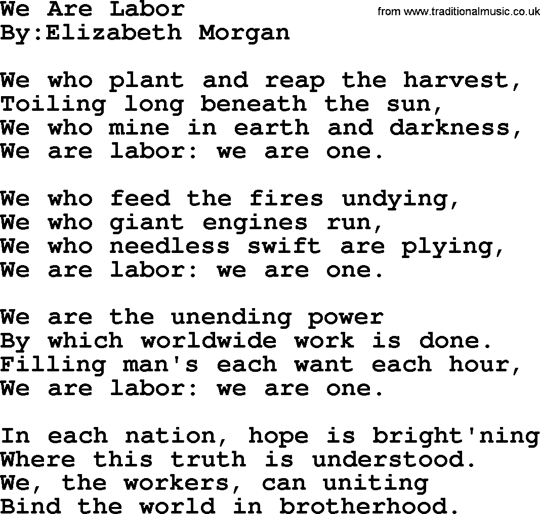 Political, Solidarity, Workers or Union song: We Are Labor, lyrics