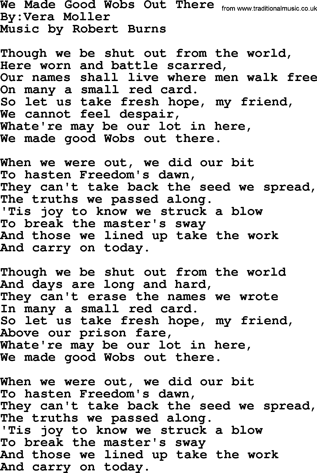 Political, Solidarity, Workers or Union song: We Made Good Wobs Out There, lyrics