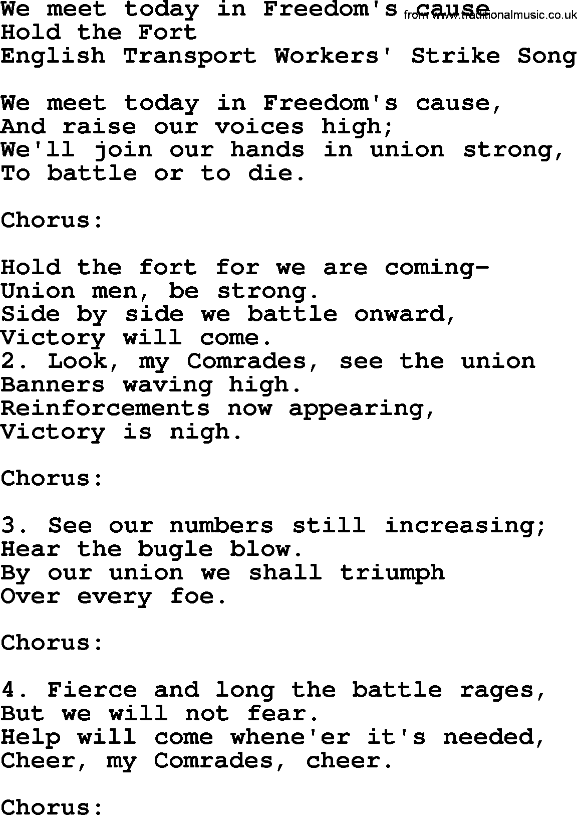 Political, Solidarity, Workers or Union song: We Meet Today In Freedoms Cause, lyrics