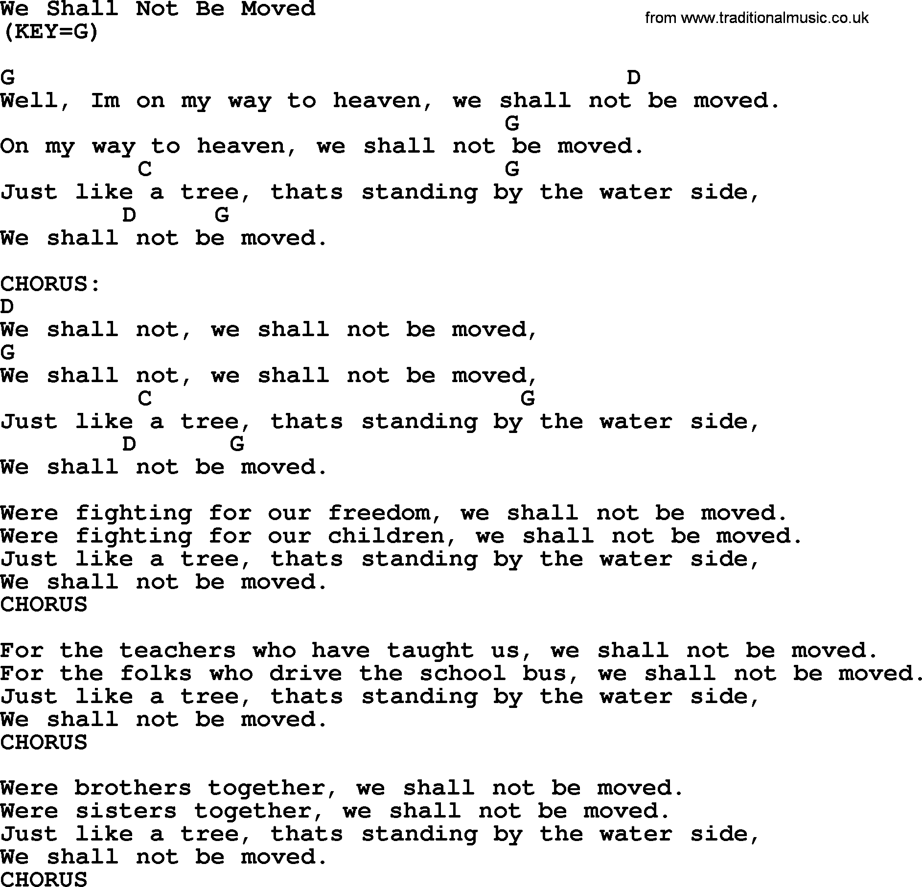Political, Solidarity, Workers or Union song: We Shall Not Be Moved, lyrics and chords