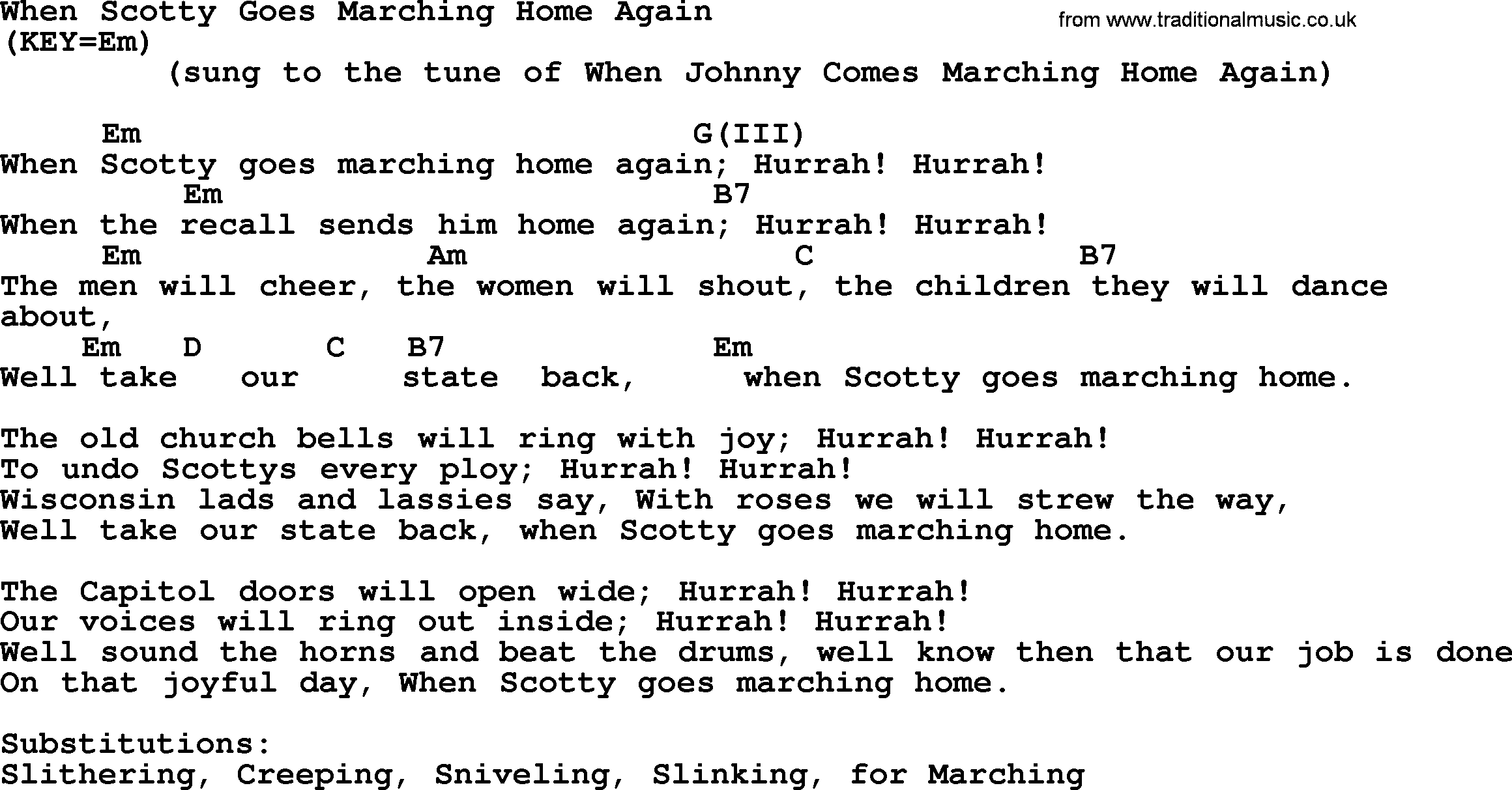 Political, Solidarity, Workers or Union song: When Scotty Goes Marching Home Again, lyrics and chords