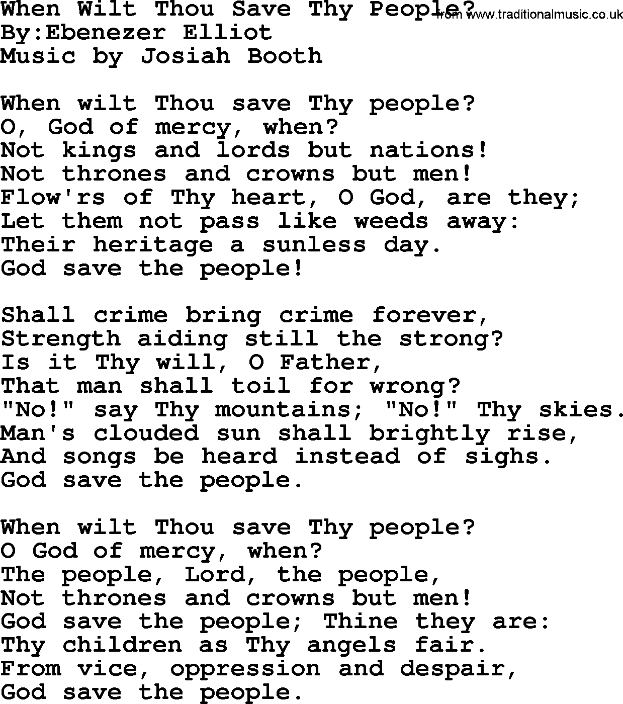 Political, Solidarity, Workers or Union song: When Wilt Thou Save Thy People, lyrics
