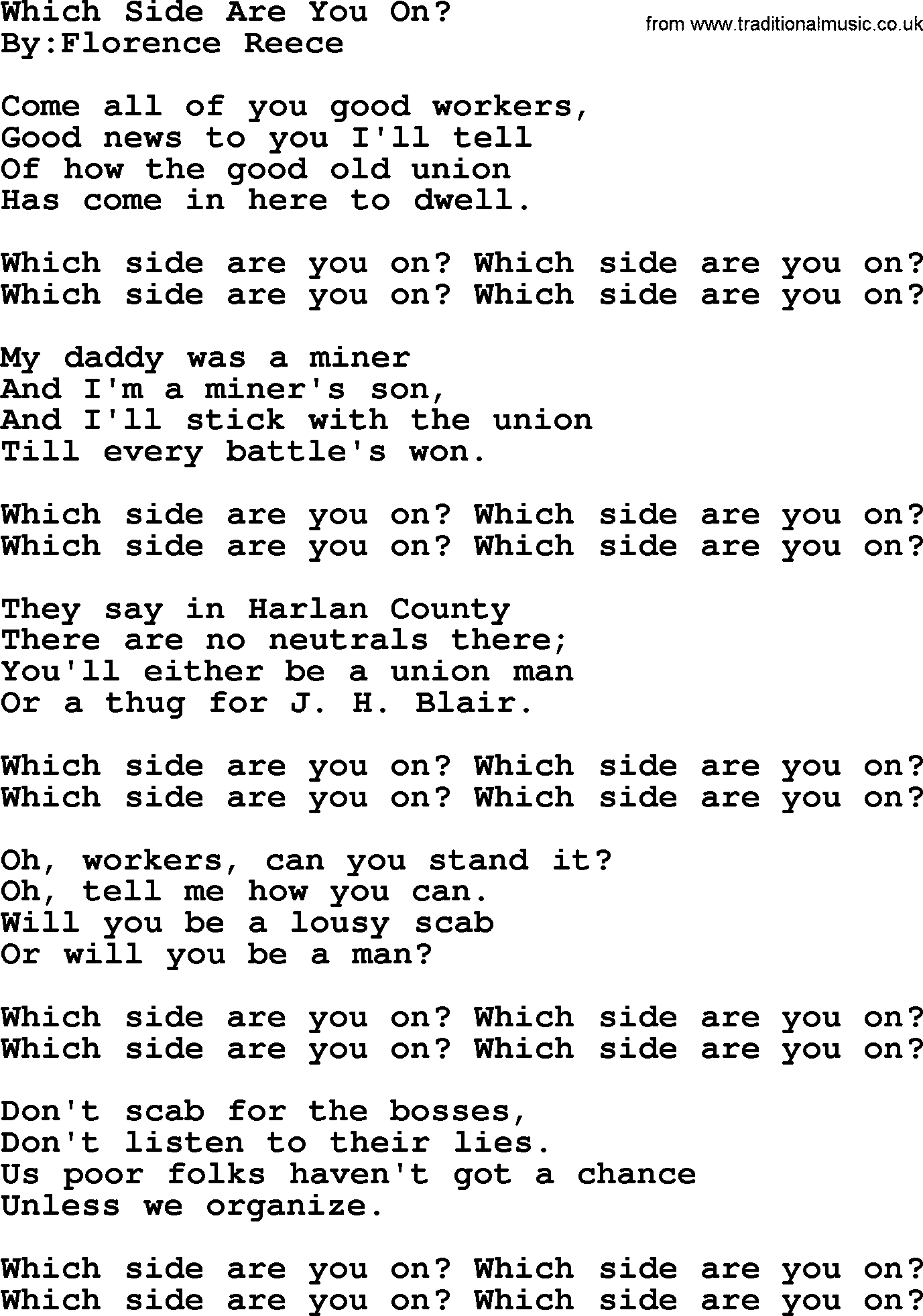 Political, Solidarity, Workers or Union song: Which Side Are You On, lyrics