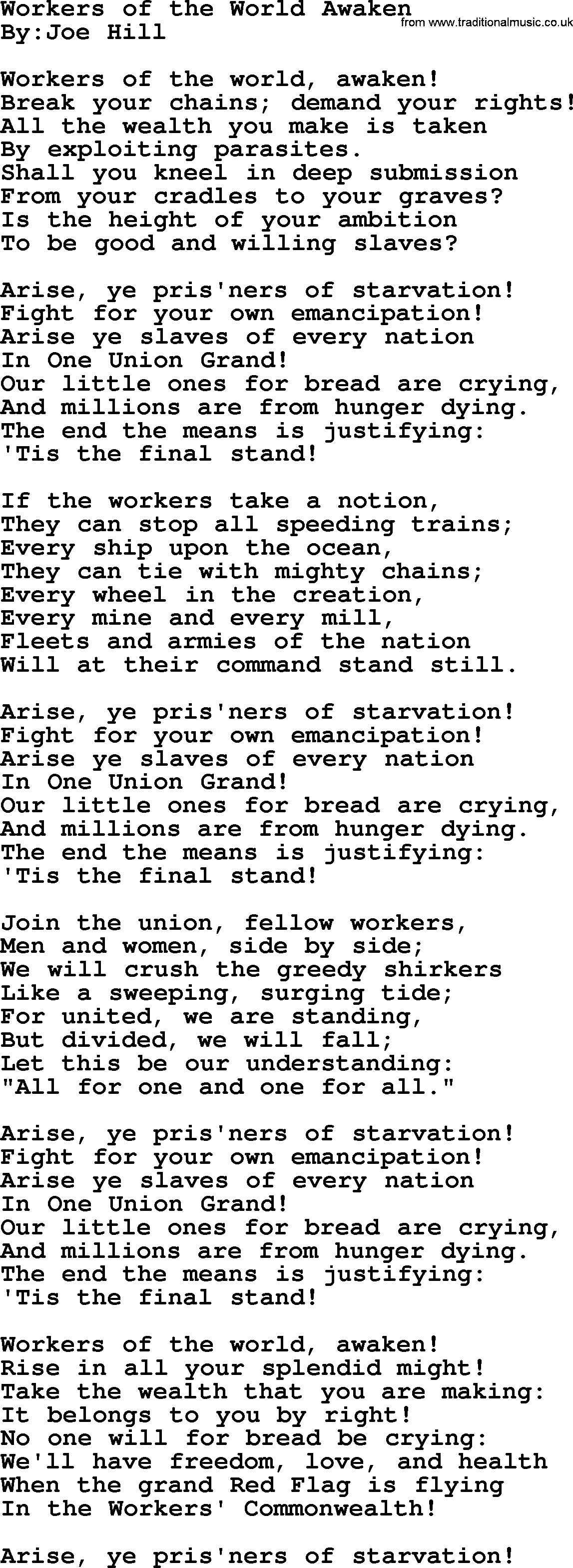 Political, Solidarity, Workers or Union song: Workers Of The World Awaken, lyrics