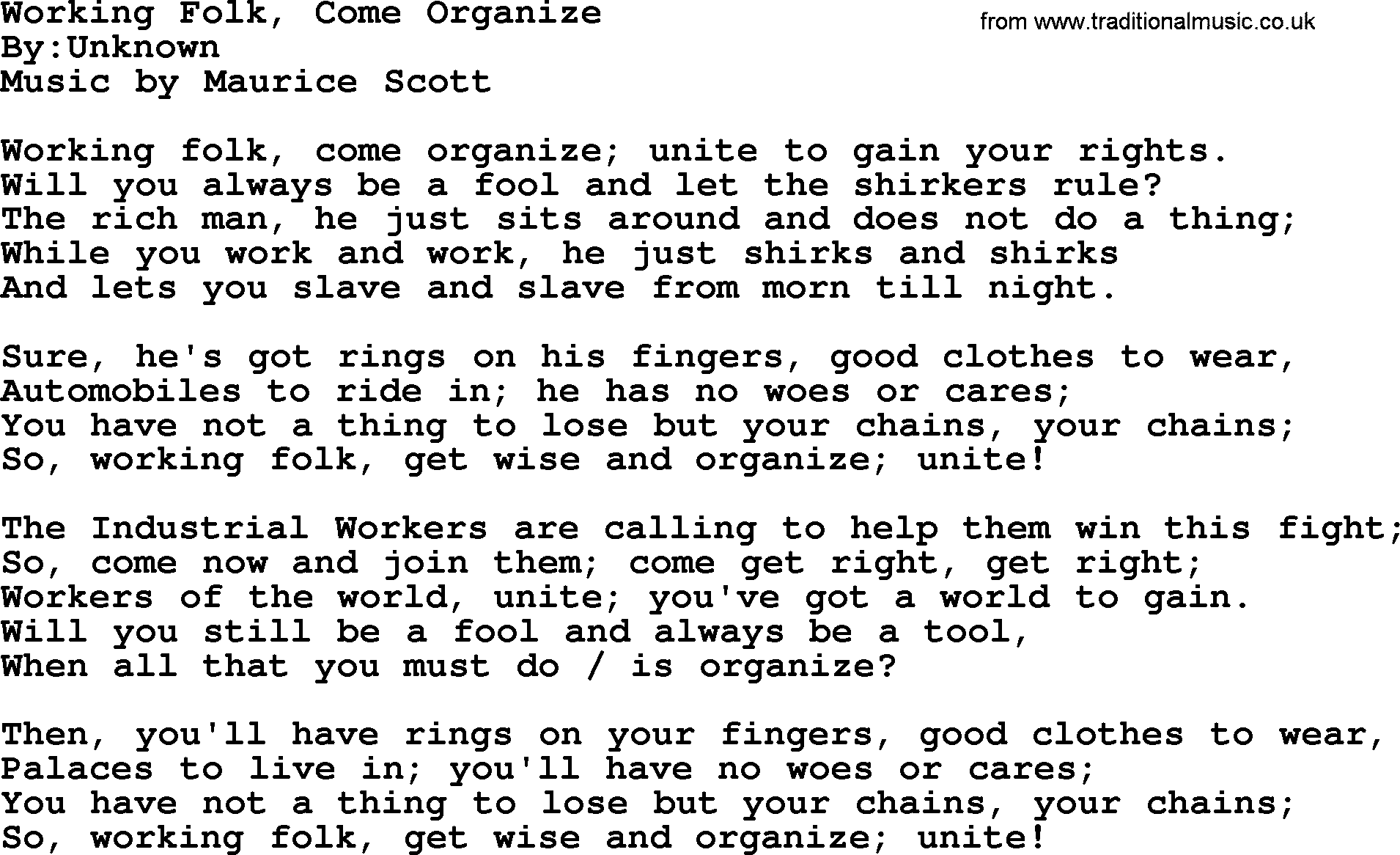Political, Solidarity, Workers or Union song: Working Folk Come Organize, lyrics