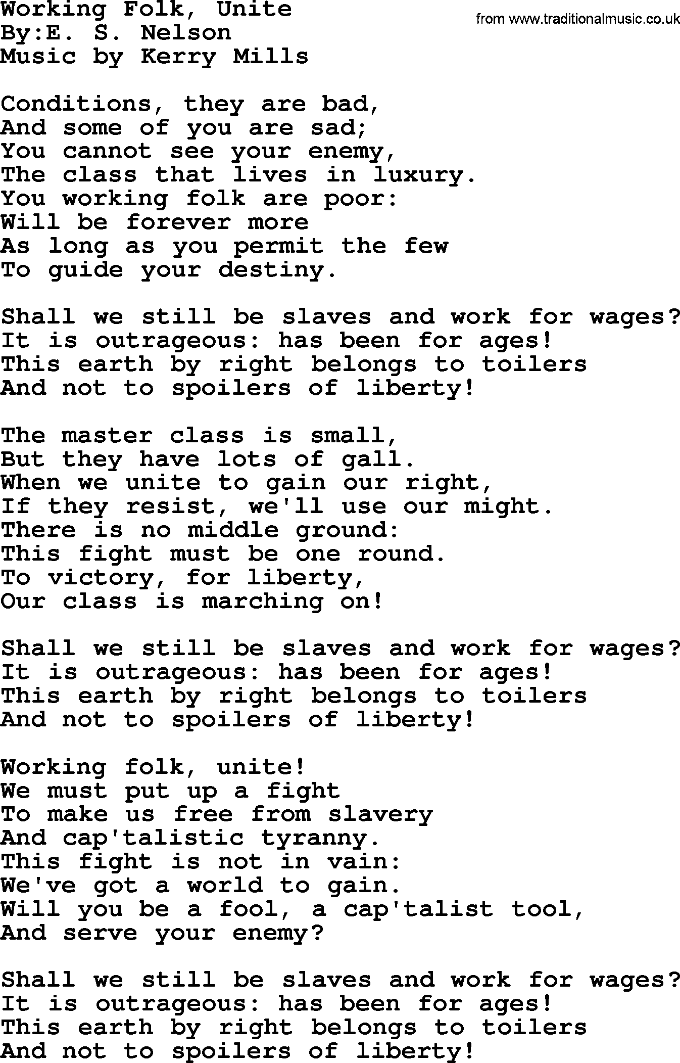 Political, Solidarity, Workers or Union song: Working Folk Unite, lyrics