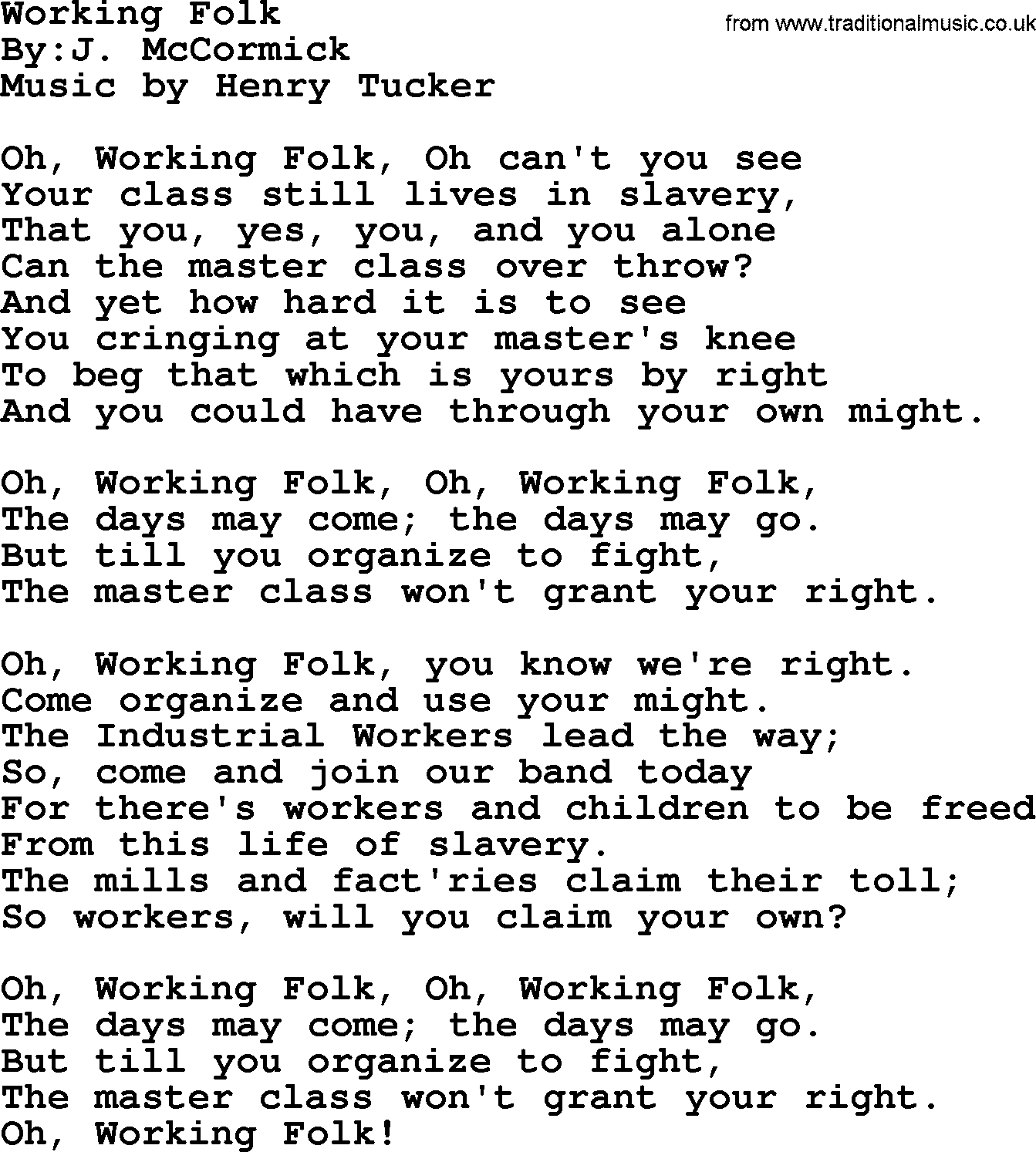 Political, Solidarity, Workers or Union song: Working Folk, lyrics