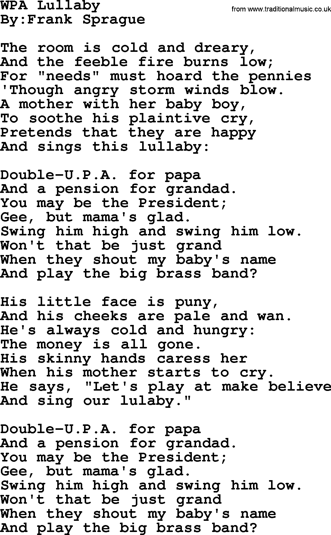 Political, Solidarity, Workers or Union song: Wpa Lullaby, lyrics