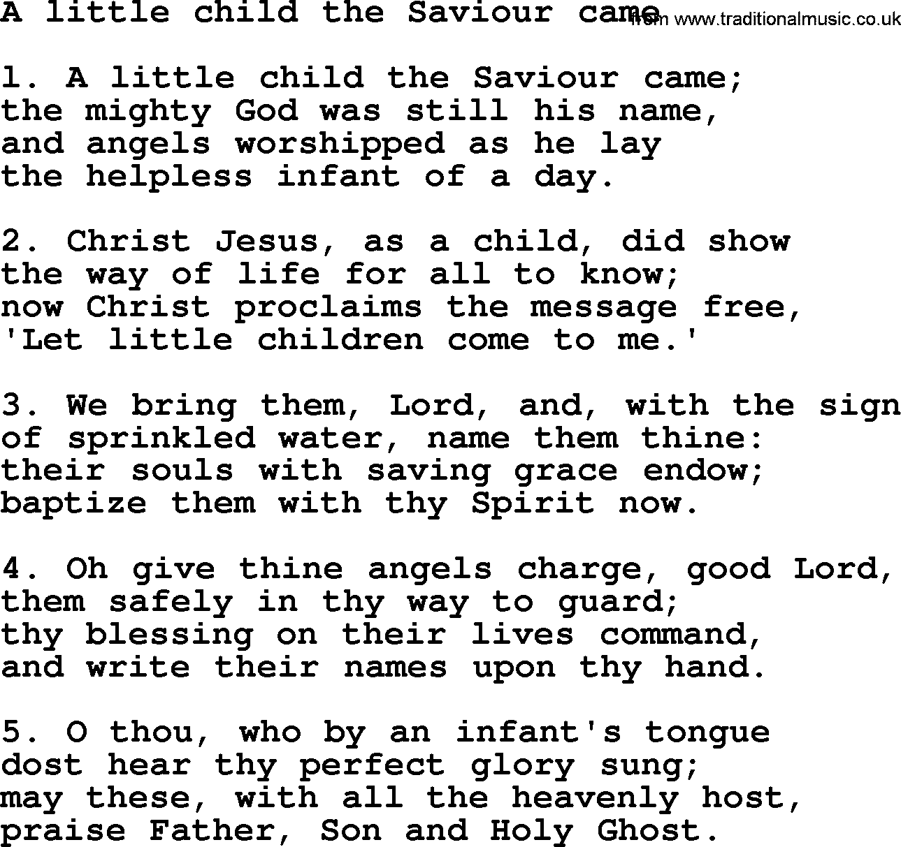 Presbyterian Hymns collection, Hymn: A Little Child The Saviour Came, lyrics and PDF