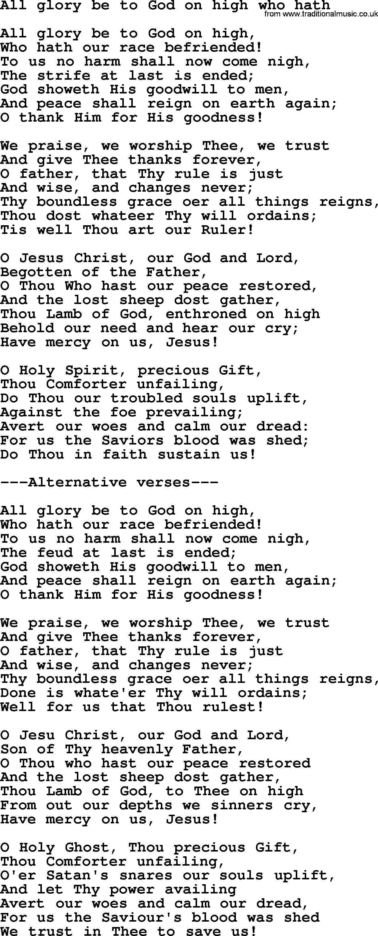 Presbyterian Hymns collection, Hymn: All Glory Be To God On High Who Hath, lyrics and PDF