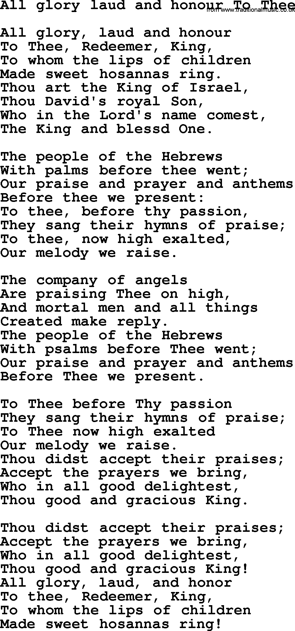 Presbyterian Hymns collection, Hymn: All Glory Laud And Honour To Thee, lyrics and PDF