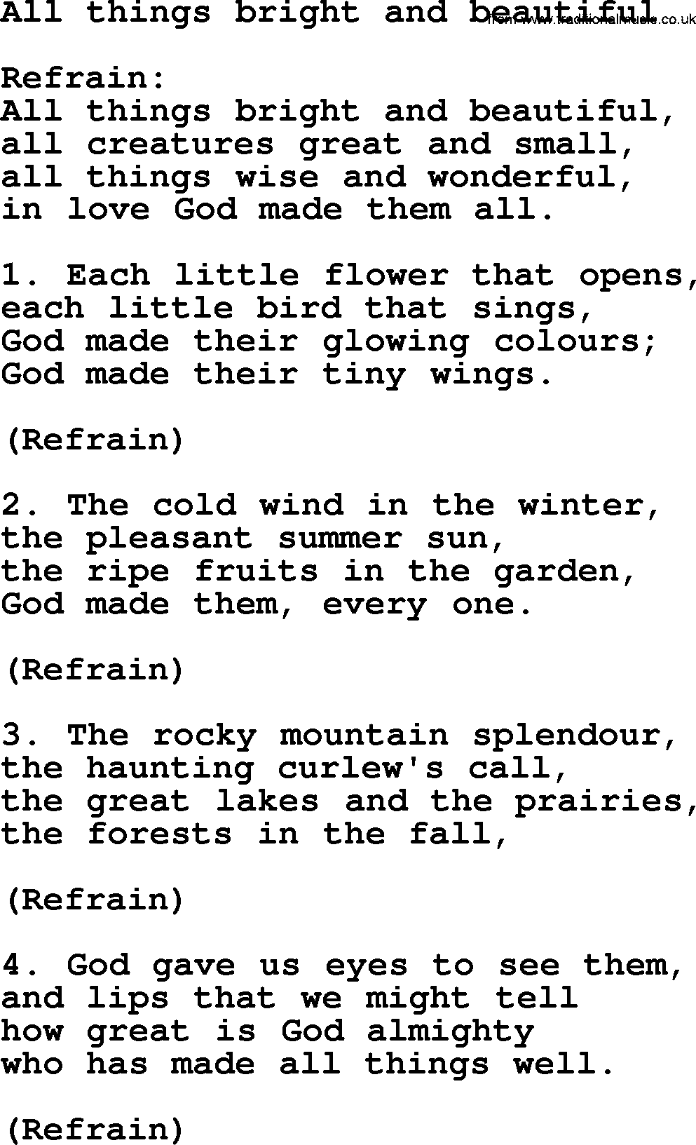 Presbyterian Hymn All Things Bright And Beautiful lyrics, and PDF