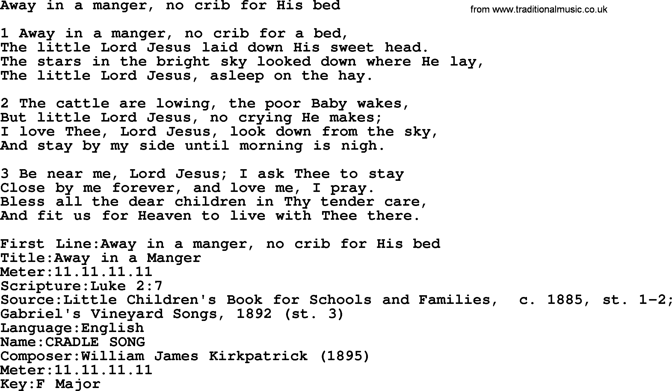 Presbyterian Hymn Away In A Manger, No Crib For His Bed lyrics, and PDF