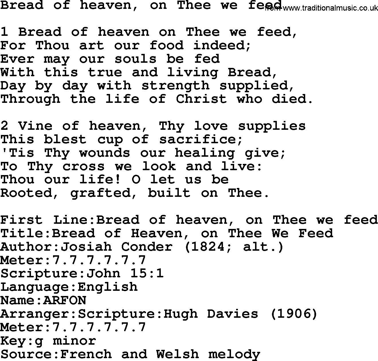 Presbyterian Hymns collection, Hymn: Bread Of Heaven, On Thee We Feed, lyrics and PDF