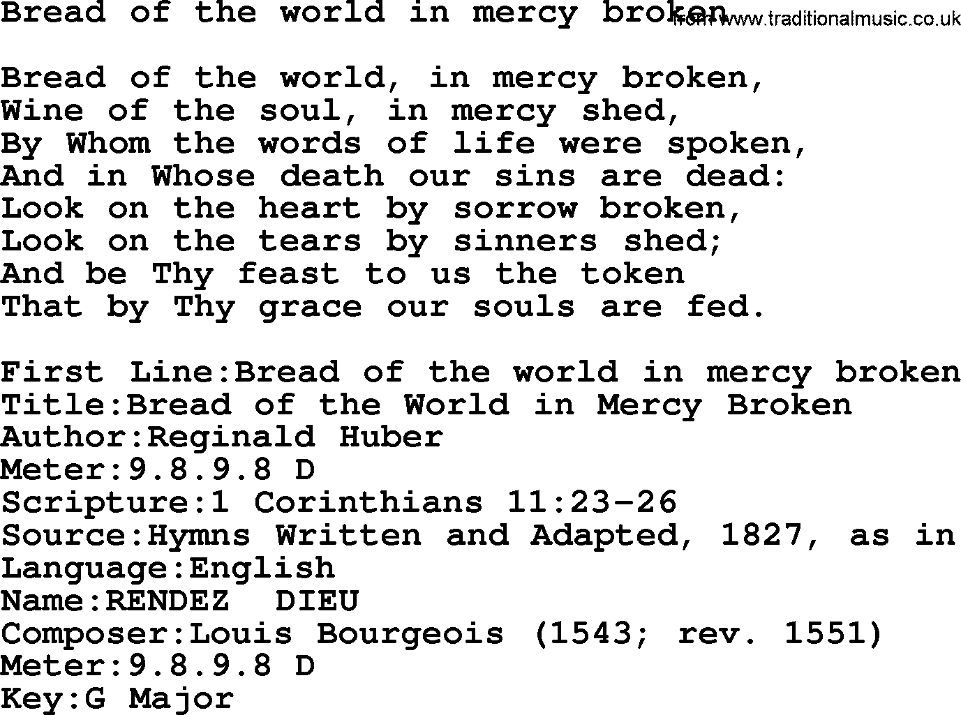 Presbyterian Hymns collection, Hymn: Bread Of The World In Mercy Broken, lyrics and PDF