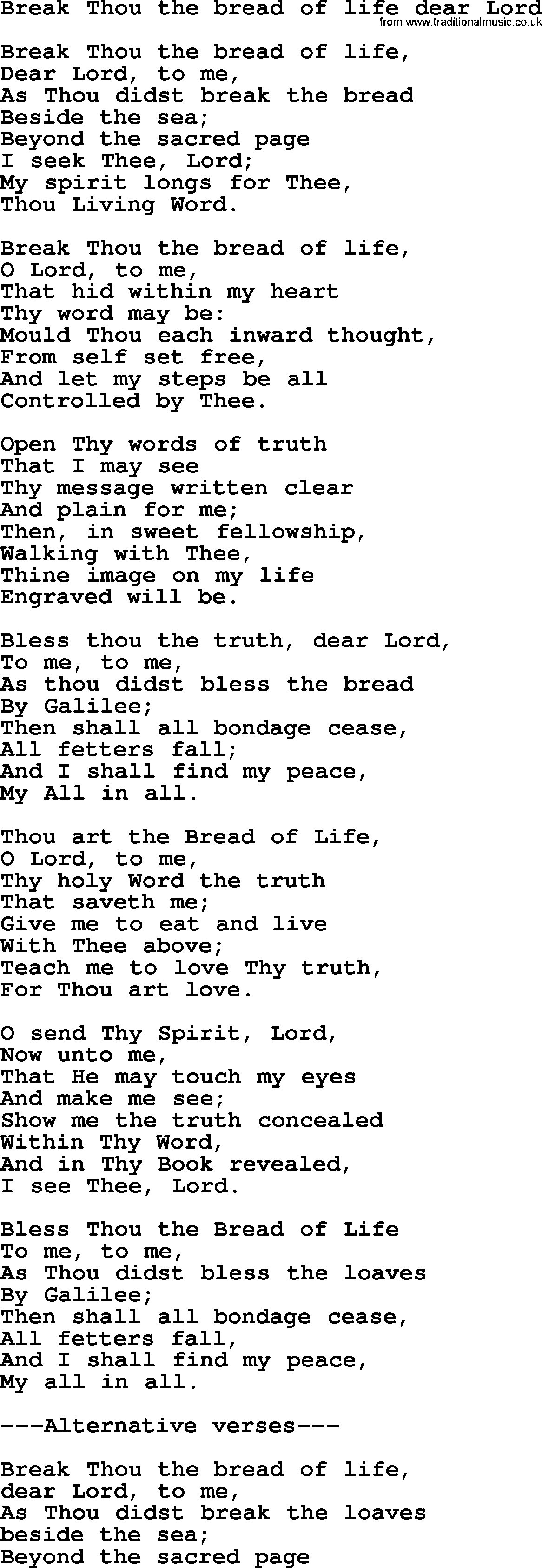 Presbyterian Hymns collection, Hymn: Break Thou The Bread Of Life Dear Lord, lyrics and PDF