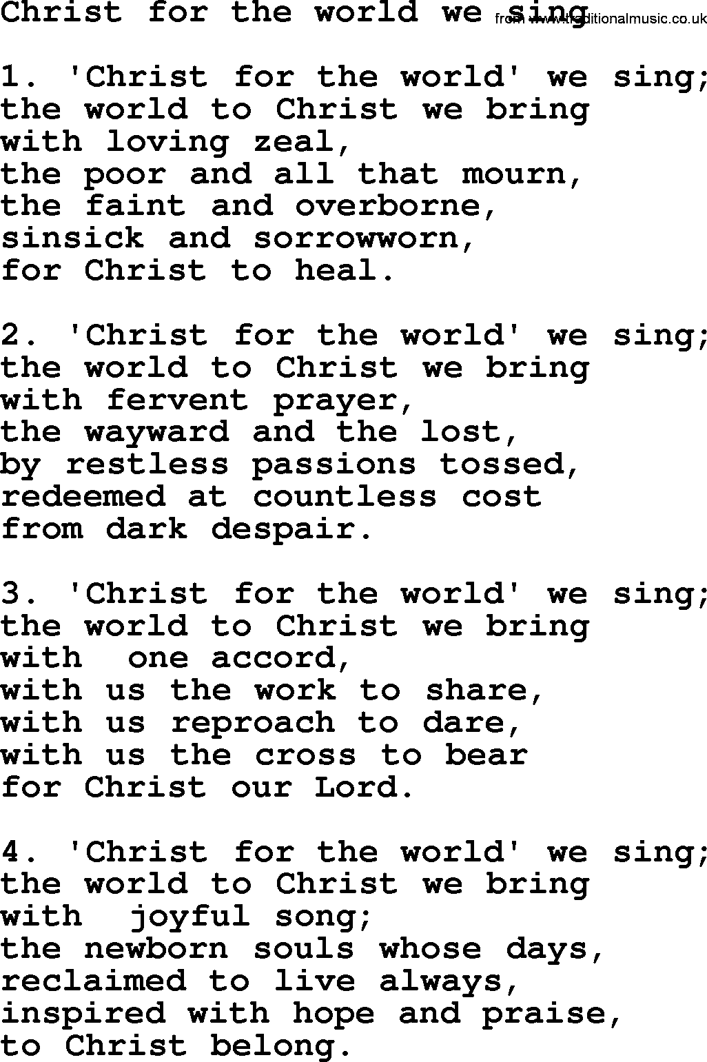 Presbyterian Hymns collection, Hymn: Christ For The World We Sing, lyrics and PDF