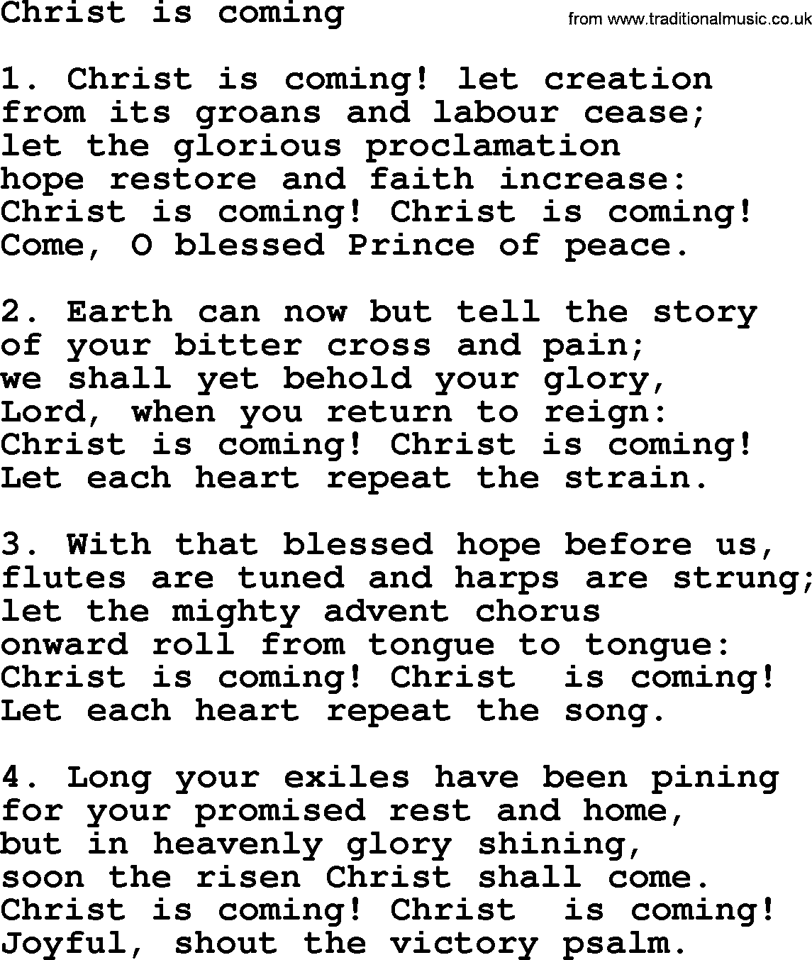 Presbyterian Hymns collection, Hymn: Christ Is Coming, lyrics and PDF