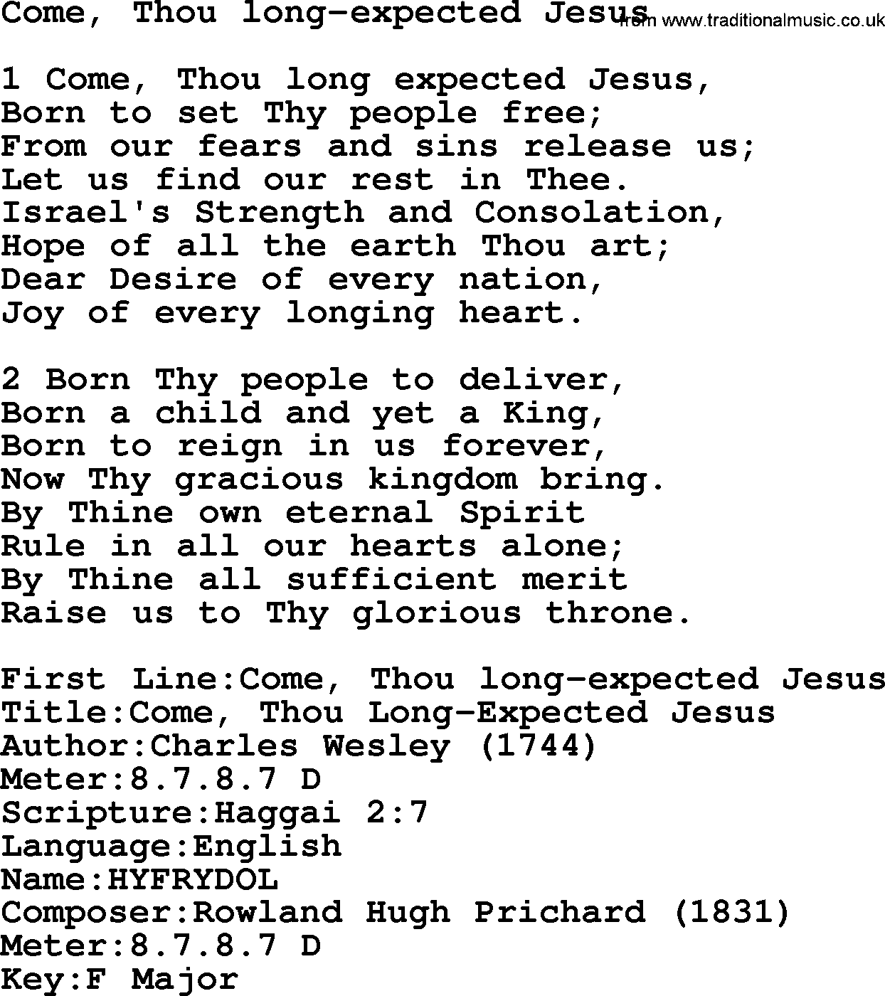Presbyterian Hymns collection, Hymn: Come, Thou Long-expected Jesus, lyrics and PDF