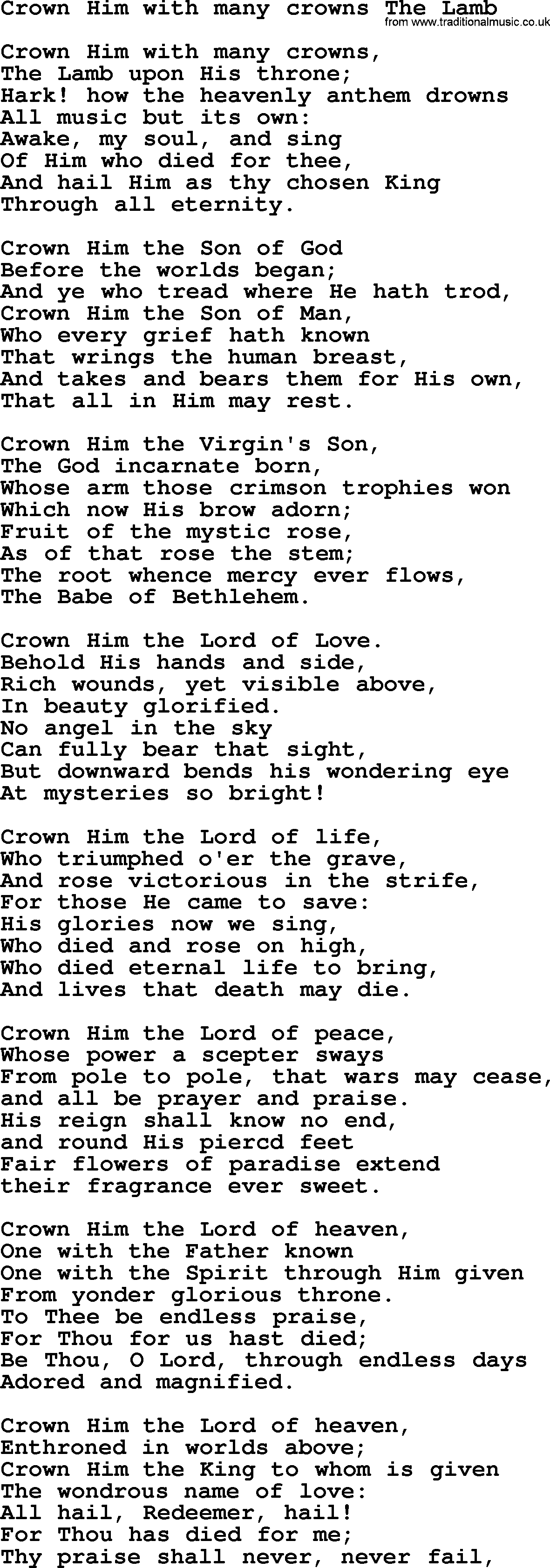 Presbyterian Hymns collection, Hymn: Crown Him With Many Crowns, lyrics and PDF