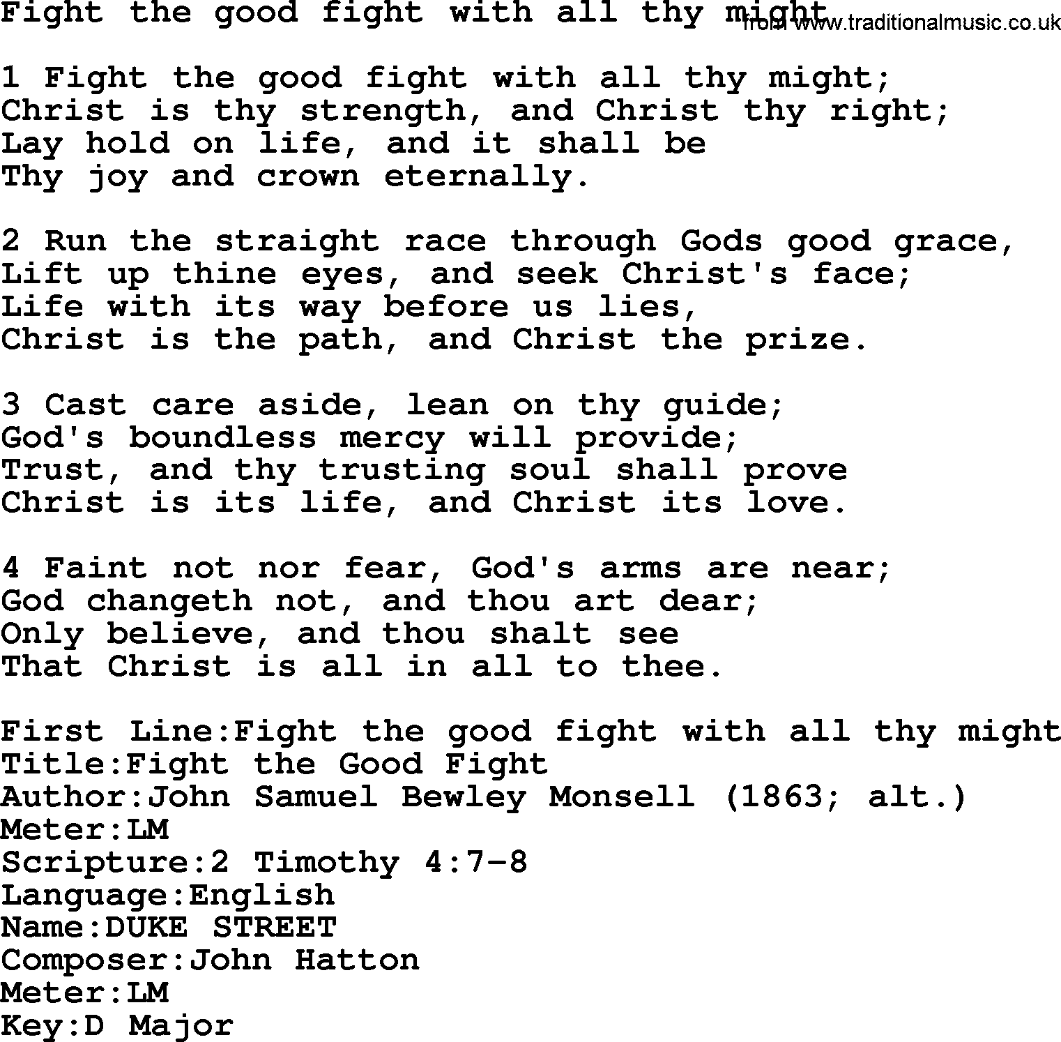 Presbyterian Hymns collection, Hymn: Fight The Good Fight With All Thy Might, lyrics and PDF