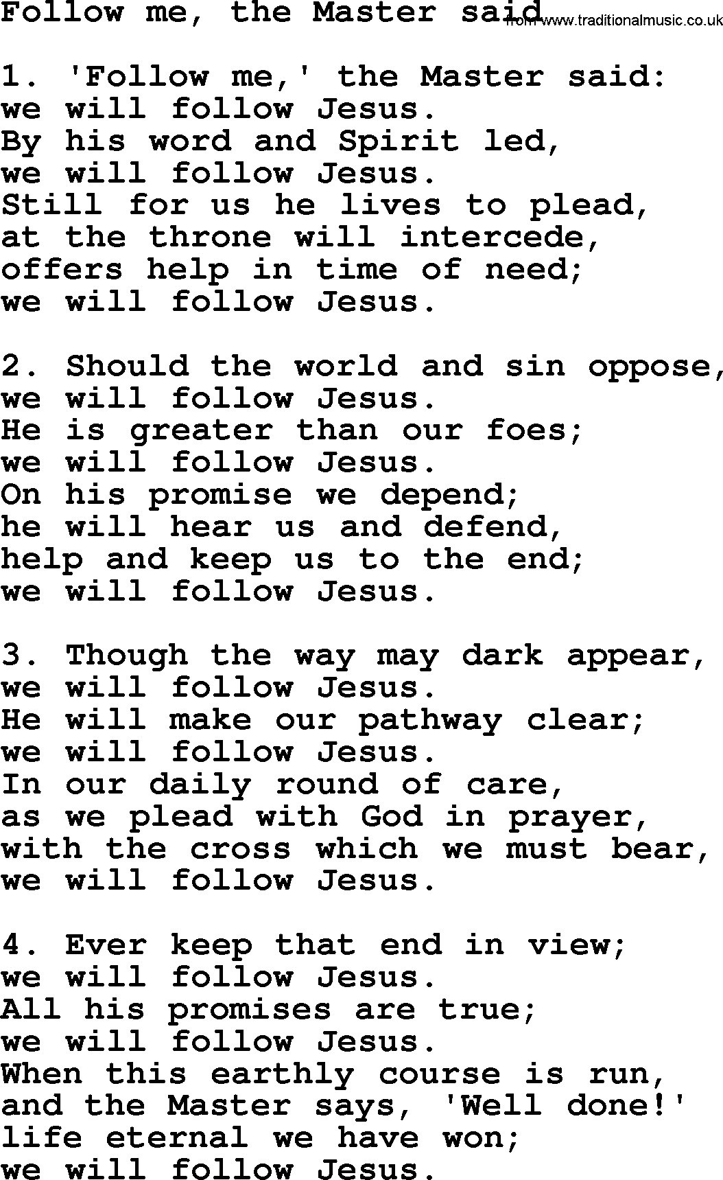 Presbyterian Hymns collection, Hymn: Follow Me, The Master Said, lyrics and PDF