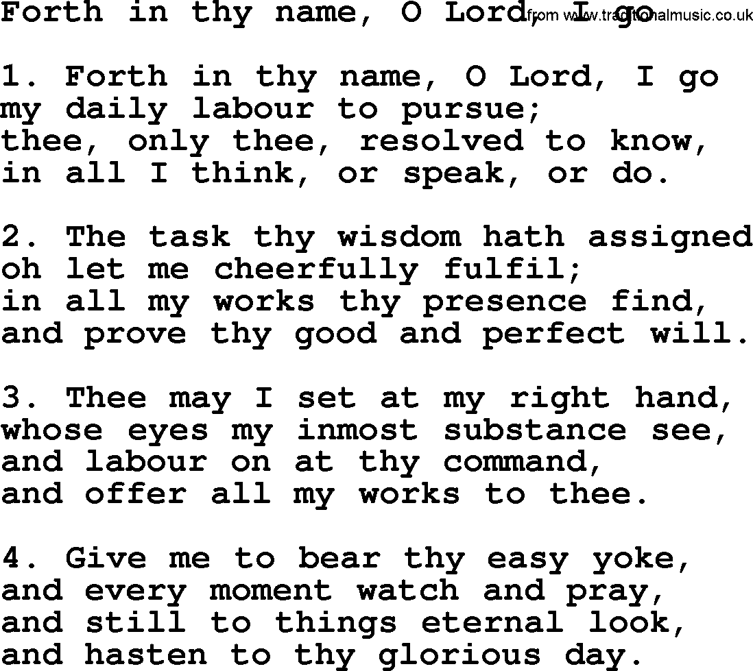Presbyterian Hymns collection, Hymn: Forth In Thy Name, O Lord, I Go, lyrics and PDF