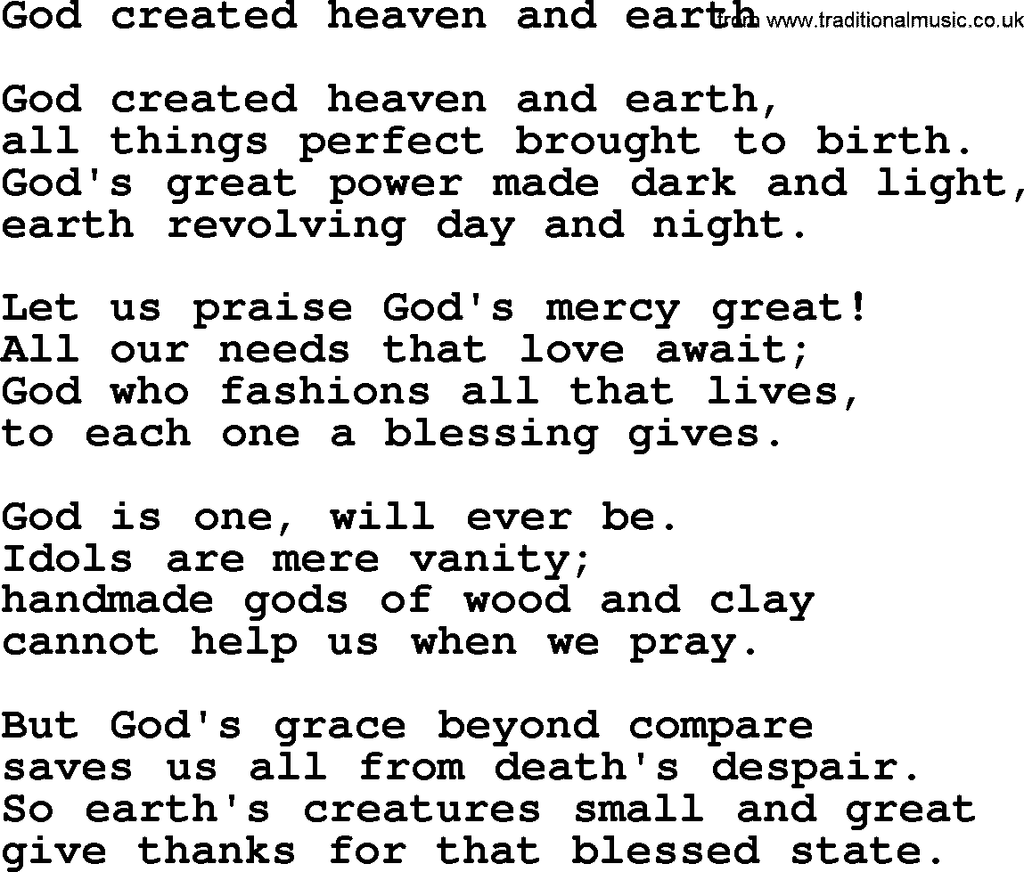 Presbyterian Hymns collection, Hymn: God Created Heaven And Earth, lyrics and PDF