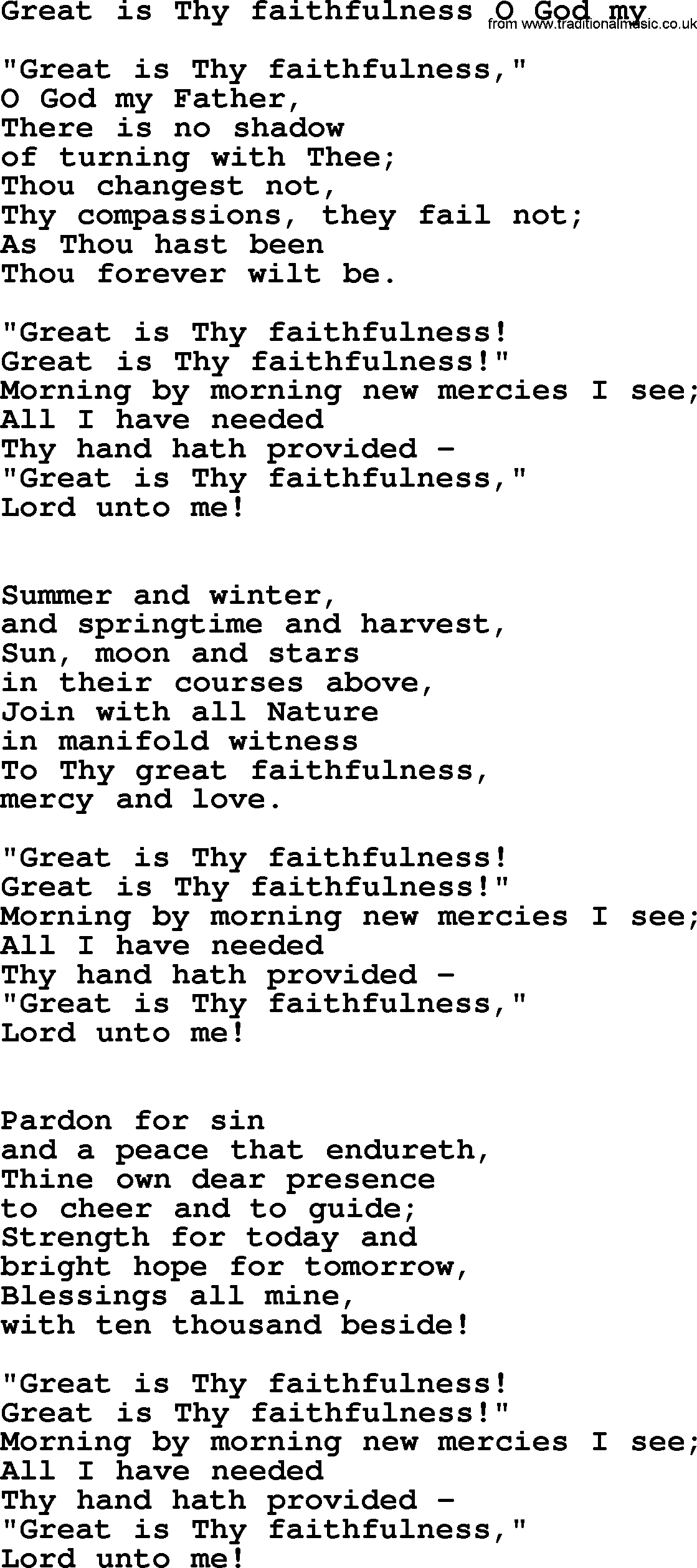 Presbyterian Hymns collection, Hymn: Great Is Thy Faithfulness O God My, lyrics and PDF