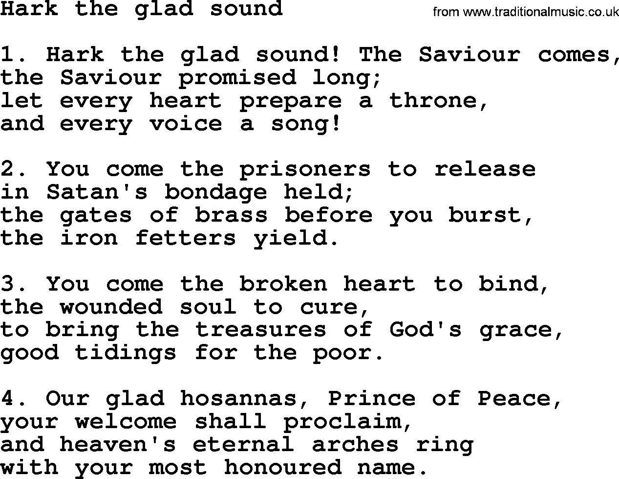 Presbyterian Hymns collection, Hymn: Hark The Glad Sound, lyrics and PDF