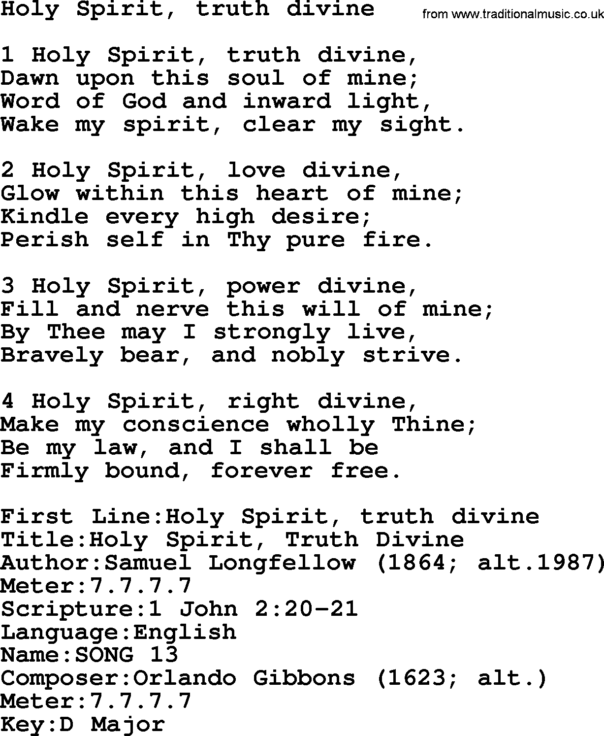 Presbyterian Hymns collection, Hymn: Holy Spirit, Truth Divine, lyrics and PDF