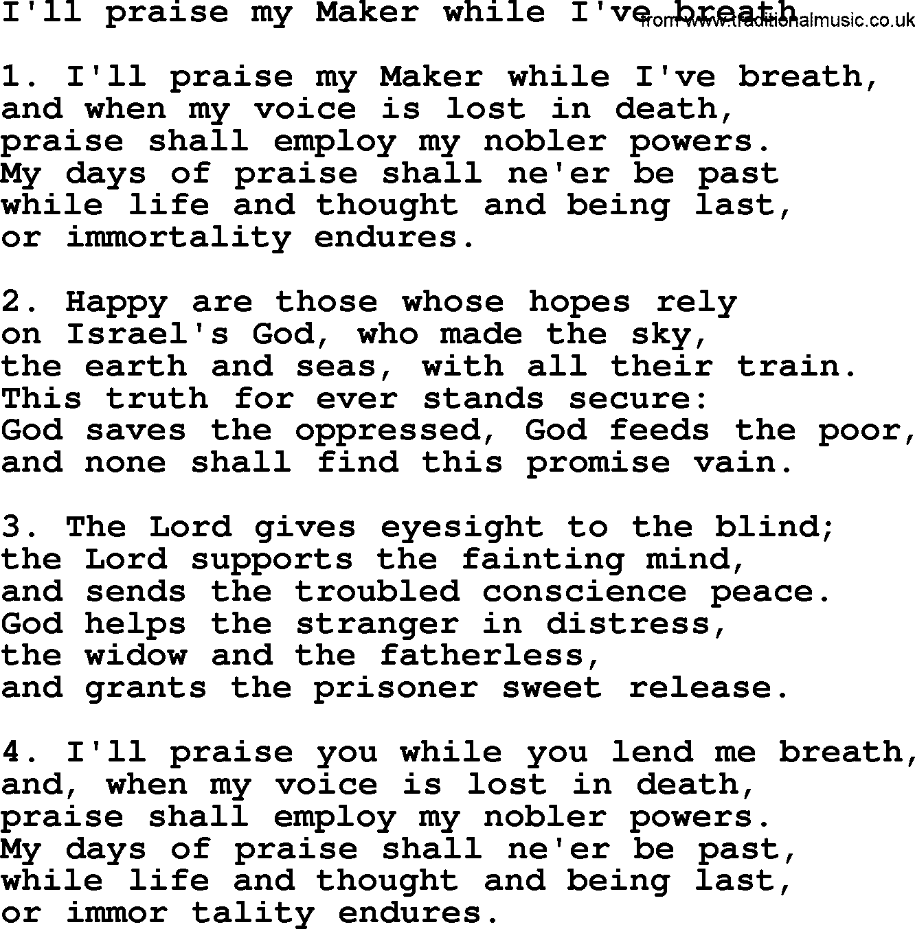 Presbyterian Hymns collection, Hymn: I'll Praise My Maker While I've Breath, lyrics and PDF