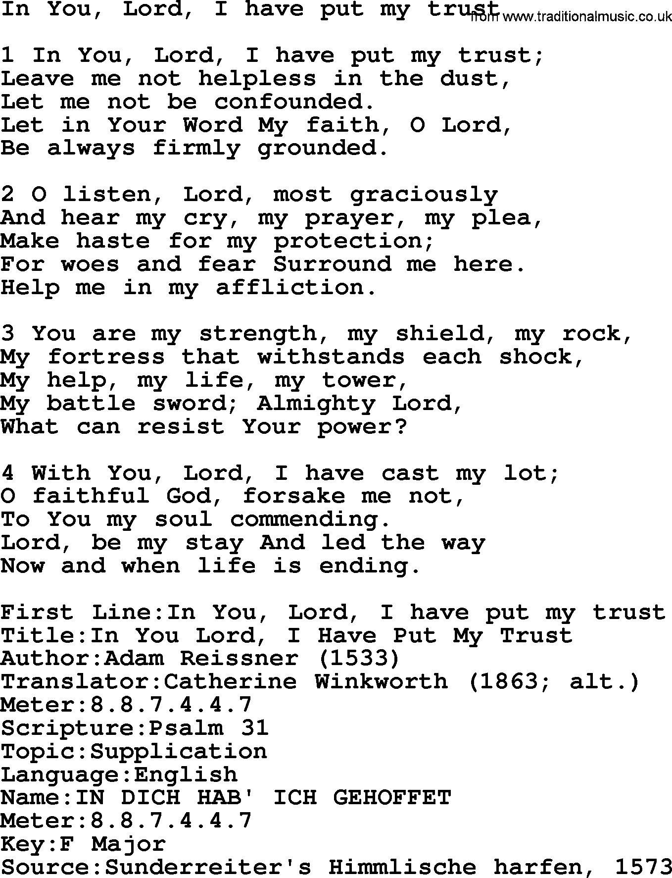 Presbyterian Hymns collection, Hymn: In You, Lord, I Have Put My Trust, lyrics and PDF
