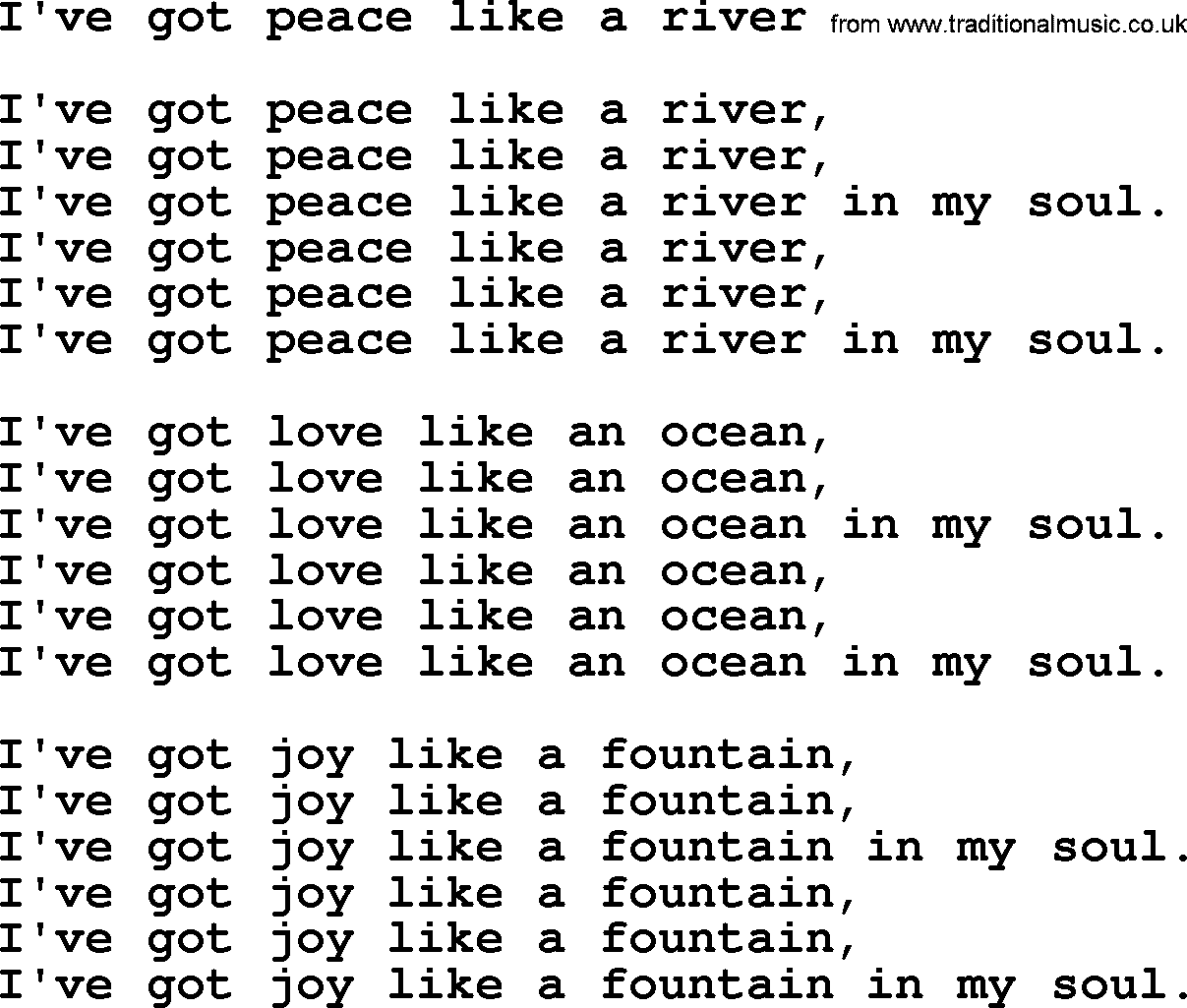 Presbyterian Hymns collection, Hymn: I've Got Peace Like A River, lyrics and PDF