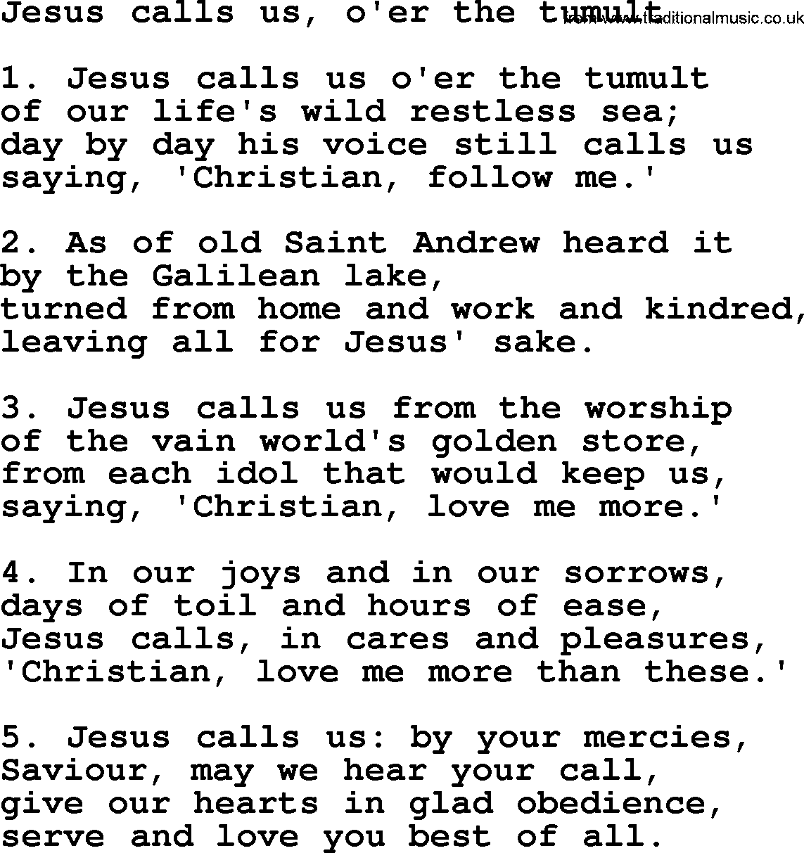 Presbyterian Hymns collection, Hymn: Jesus Calls Us, O'er The Tumult, lyrics and PDF